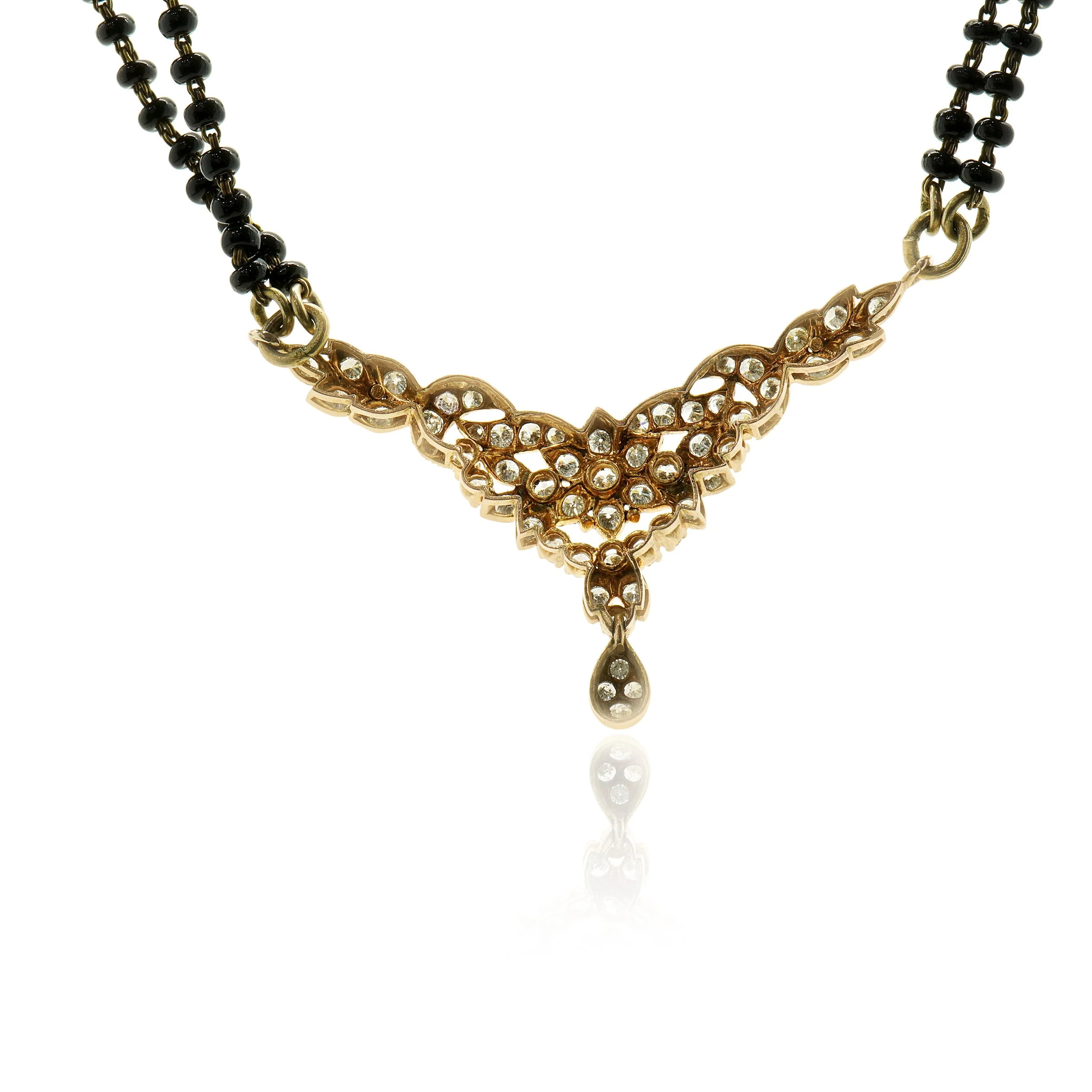 10 Karat Rose Gold Vintage Diamond Floral Motif and Double Stranded Onyx Bead Necklace - Image 3