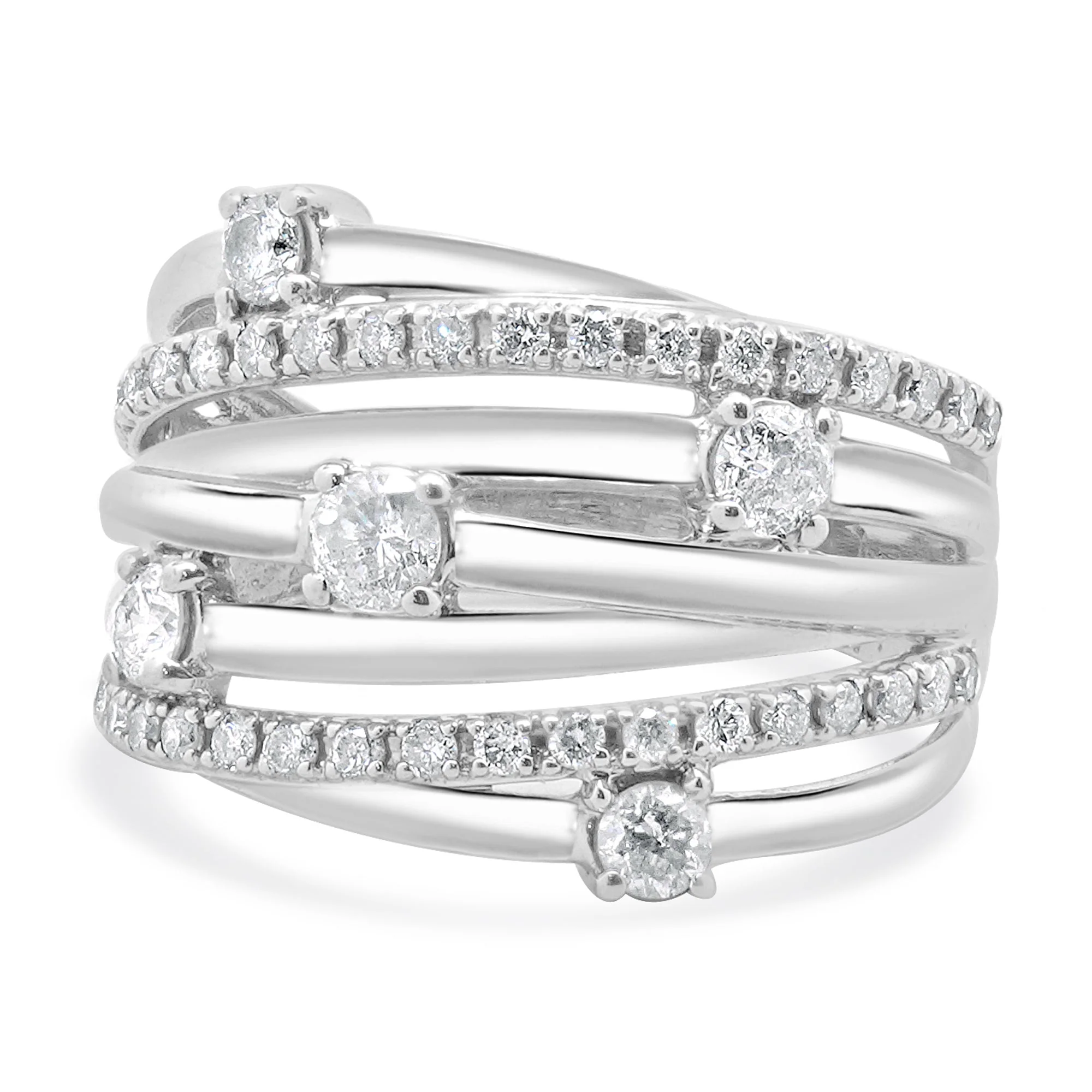 10 Karat White Gold Diamond Bypass Ring with Stations