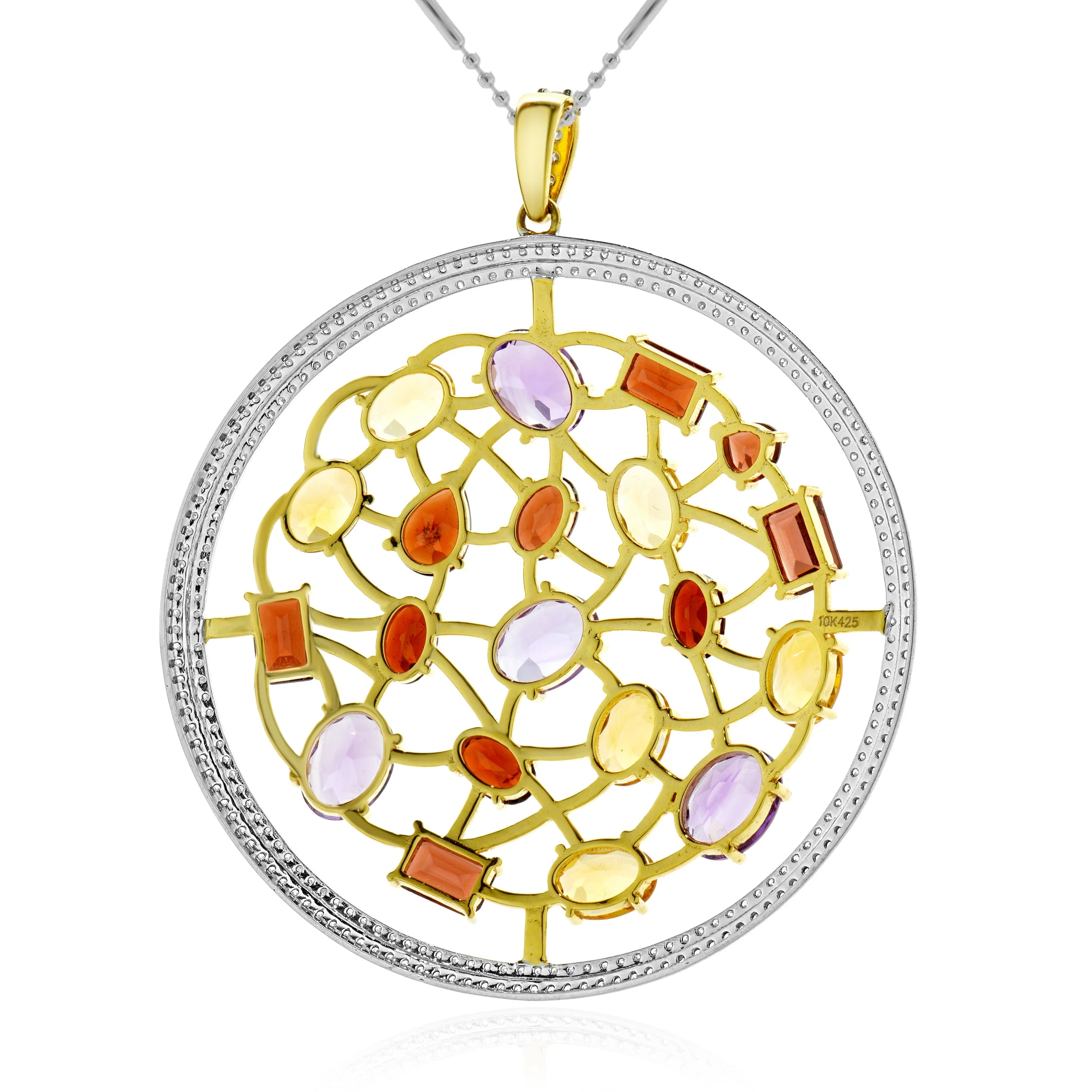 14 Karat Two Tone Multi-Gemstone and Diamond Circle Pendant Necklace - Image 3
