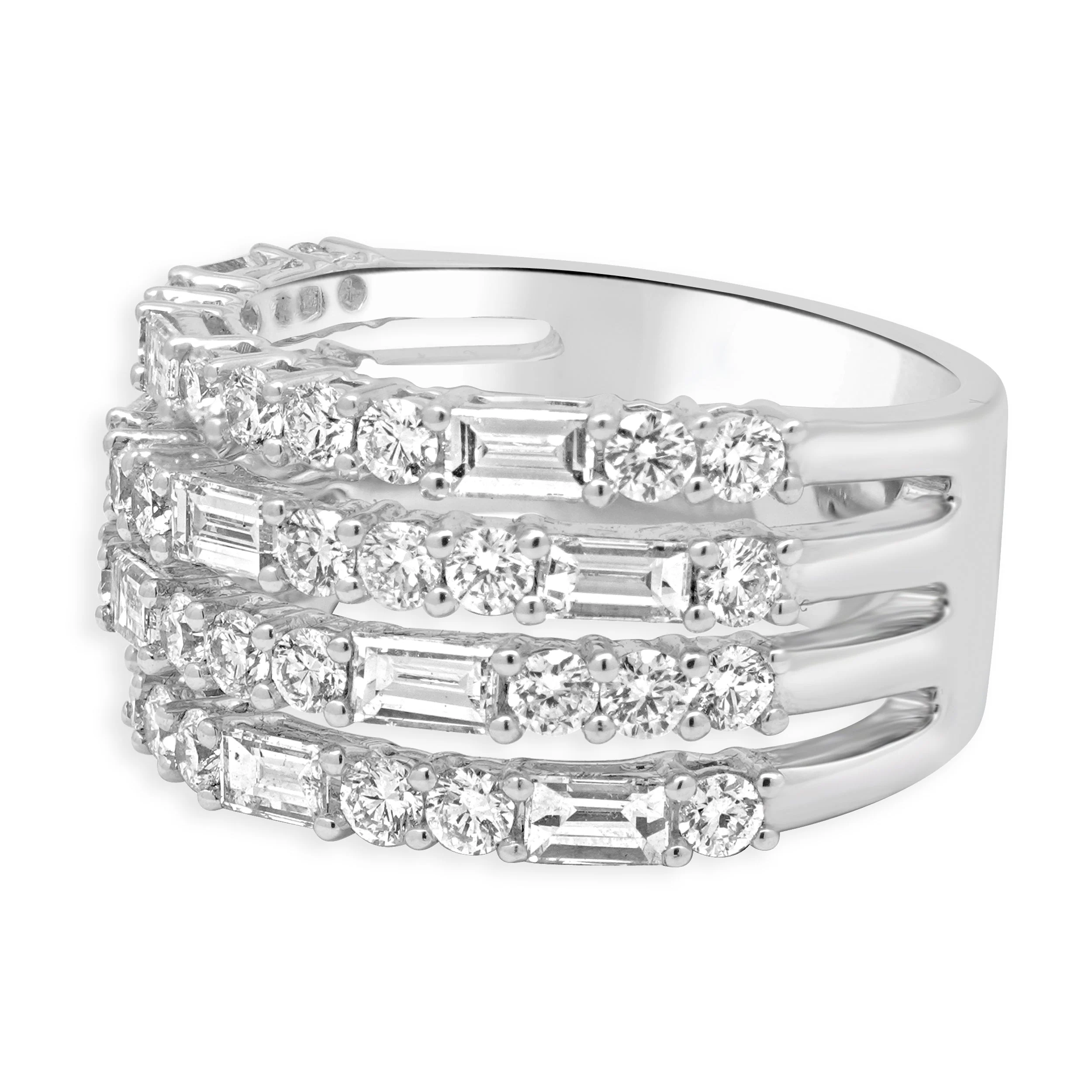 14 Karat White Gold 4-Row Round and Baguette Cut Diamond Band - Image 2