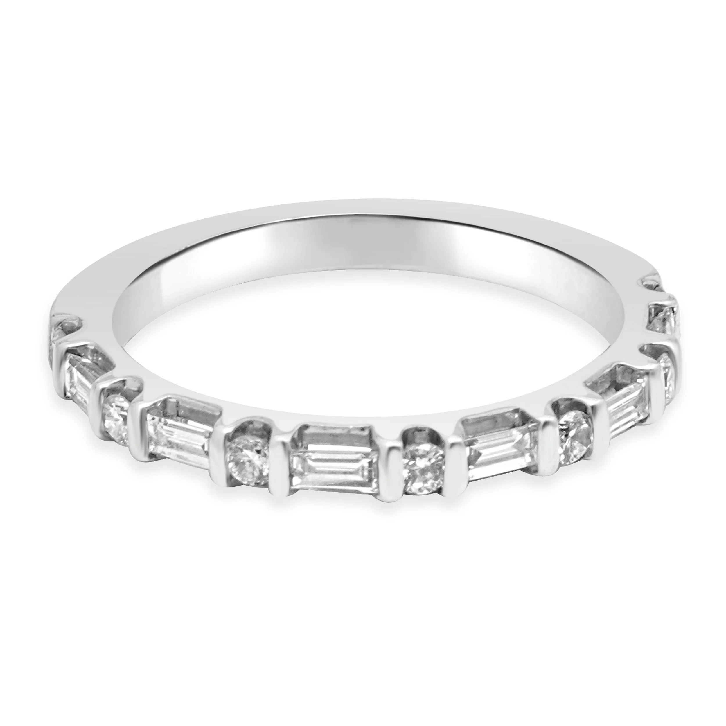 14 Karat White Gold Alternating Round and Baguette Cut Diamond Band