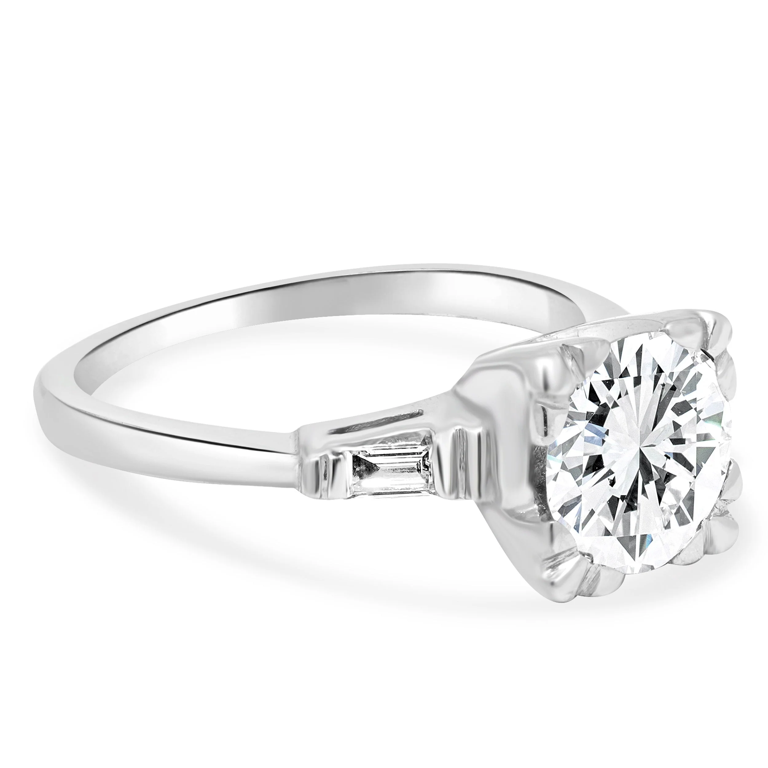 14 Karat White Gold and GIA Certified Old European Brilliant Cut and Baguette Cut Diamond Engagement Ring - Image 3