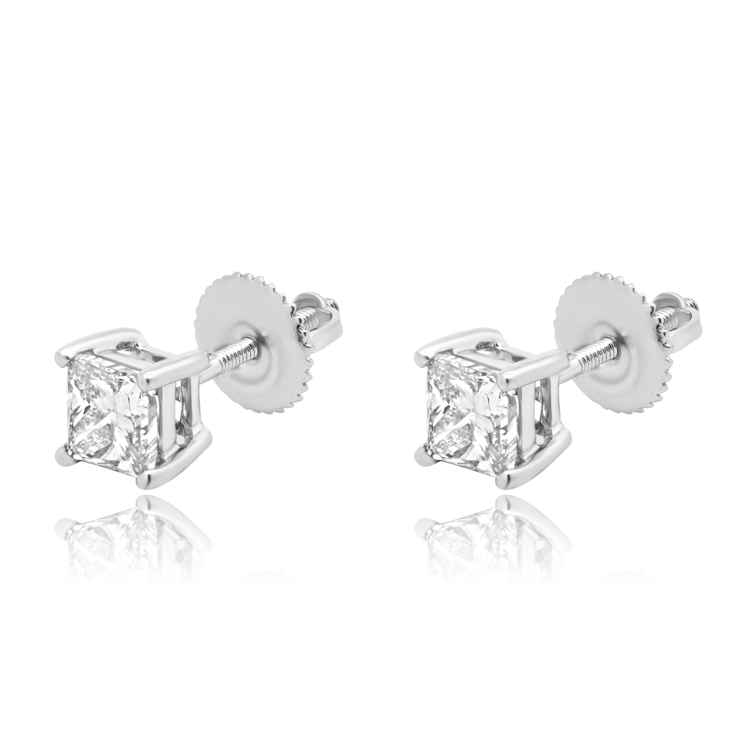 14 Karat White Gold and Princess Cut Diamond Stud Earrings