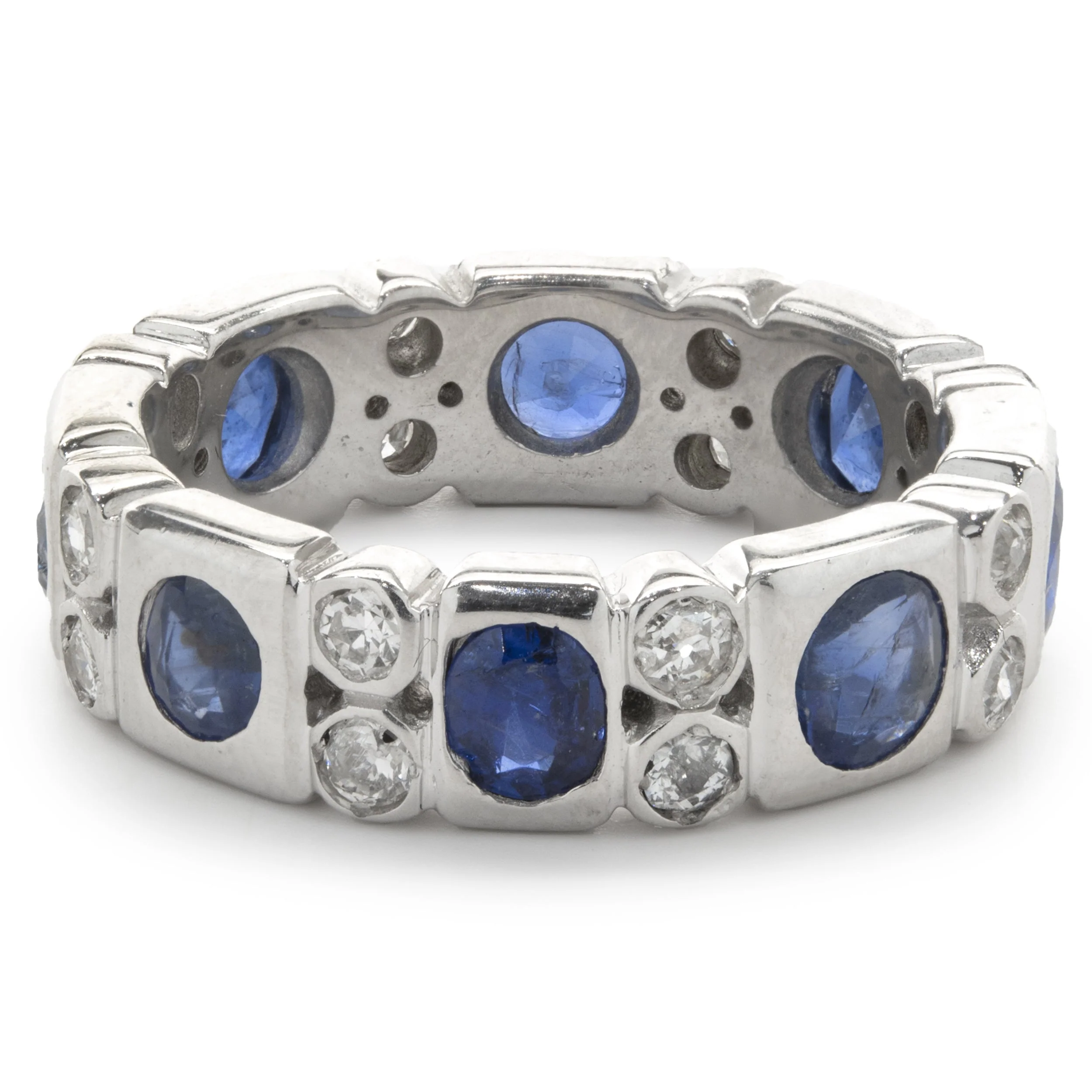 14 Karat White Gold Bezel Set Sapphire and Diamond Band