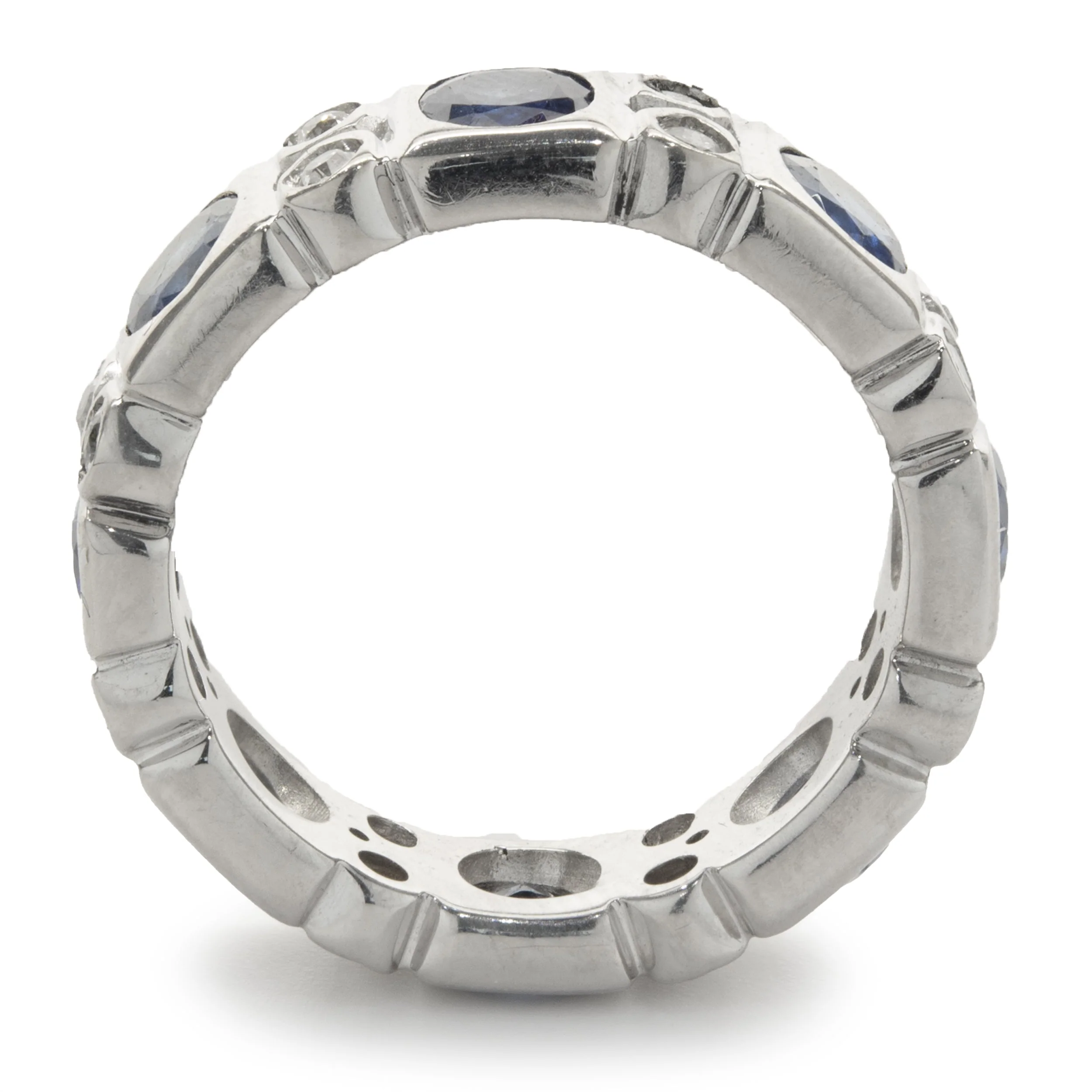 14 Karat White Gold Bezel Set Sapphire and Diamond Band - Image 3