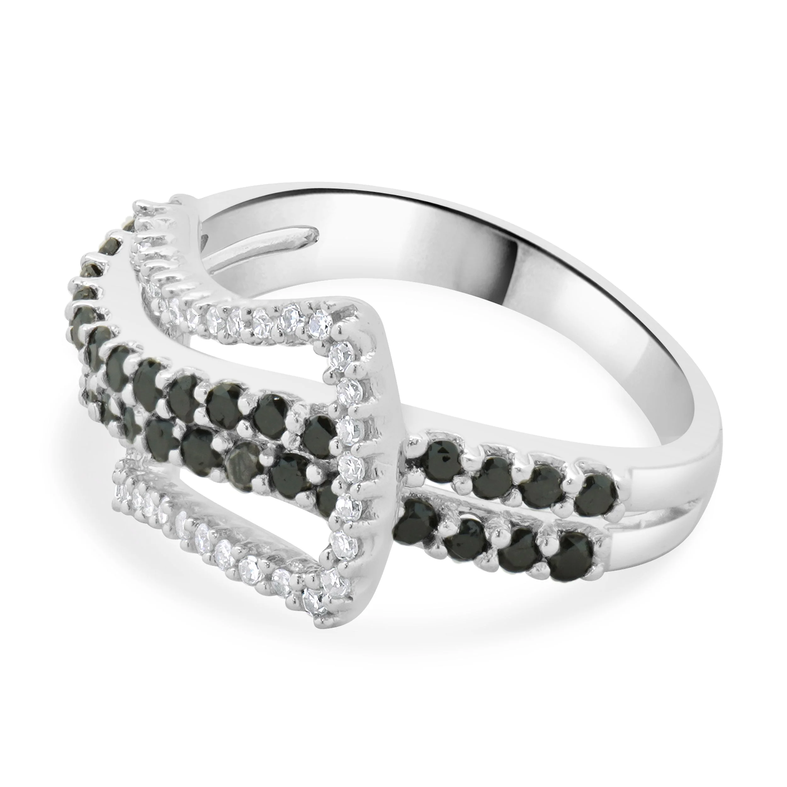 14 Karat White Gold Black and White Diamond Buckle Style Ring - Image 2