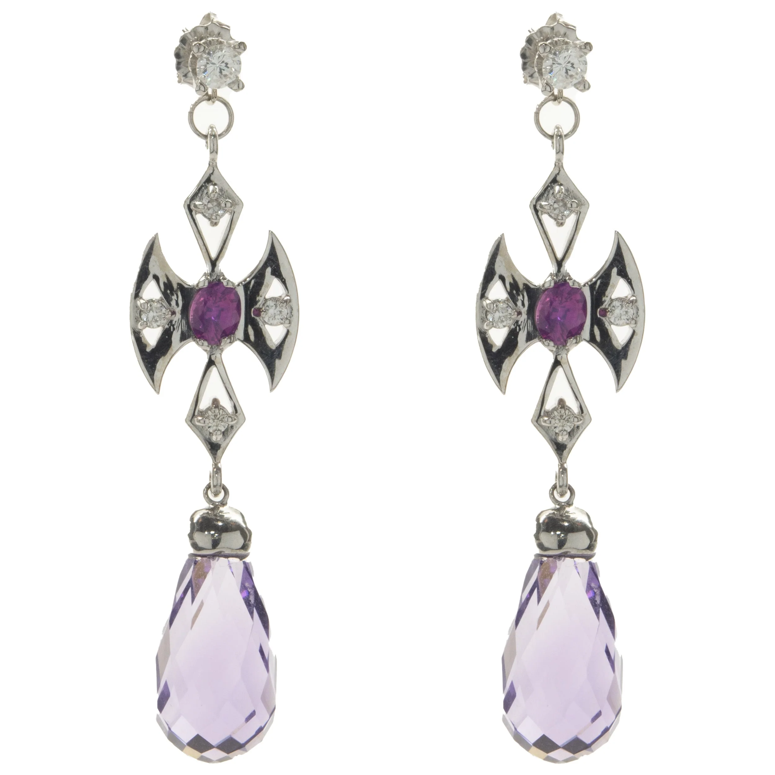 14 Karat White Gold Briolette Amethyst and Ruby Cross Drop Earrings
