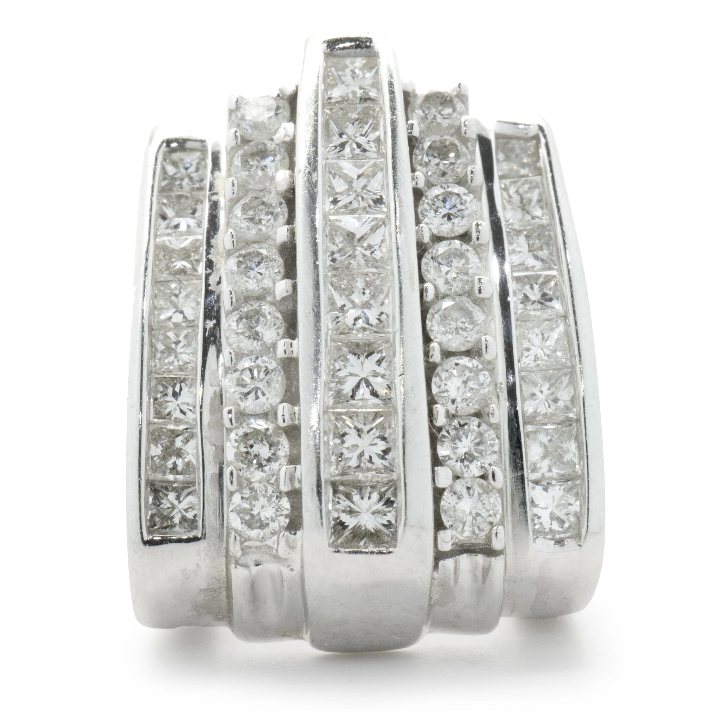 14 Karat White Gold Channel Set Princess and Round Brilliant Cut Diamond Slide Pendant