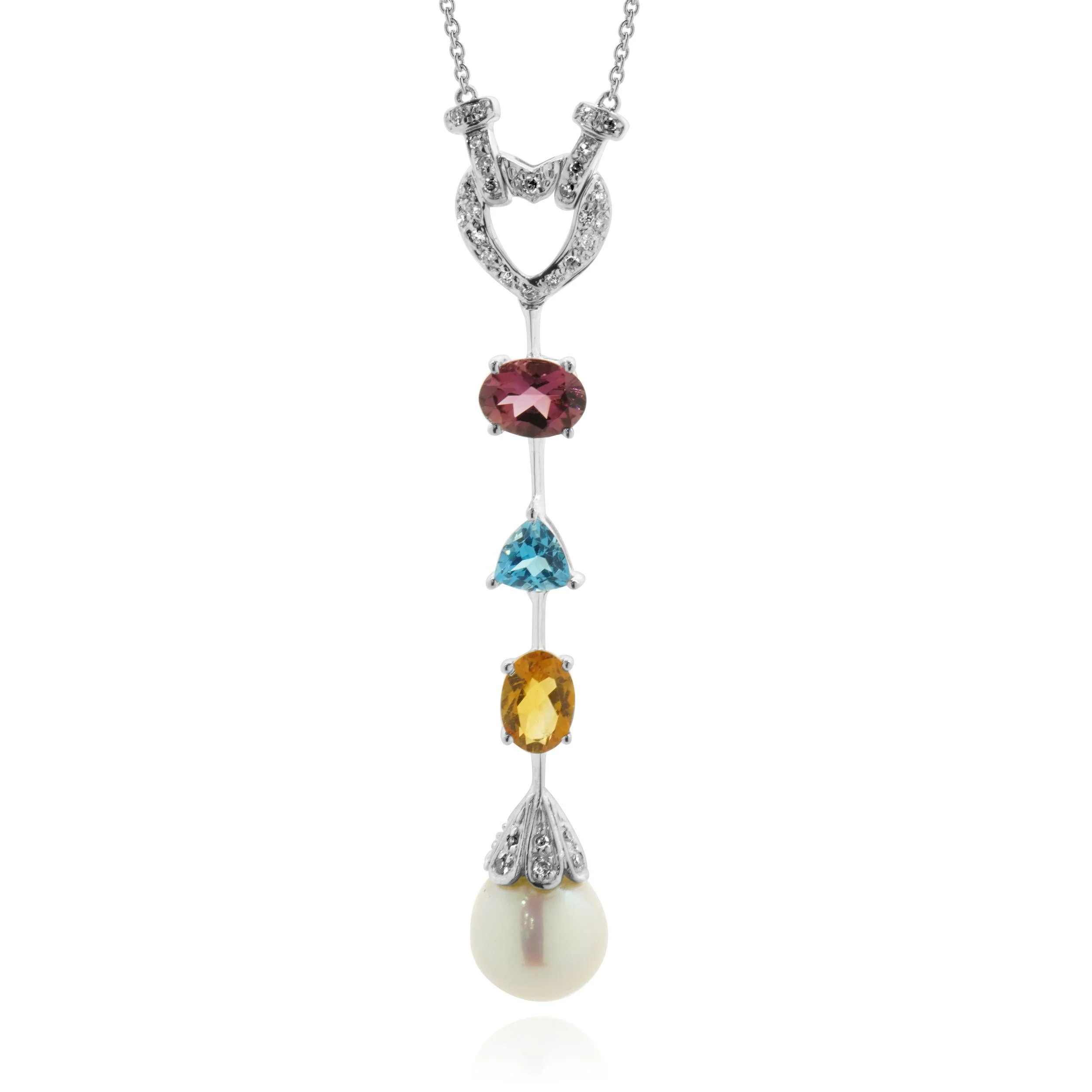 14 Karat White Gold Diamond, Garnet, Blue Topaz, Citrine, and Pearl Heart Drop Necklace - Image 2