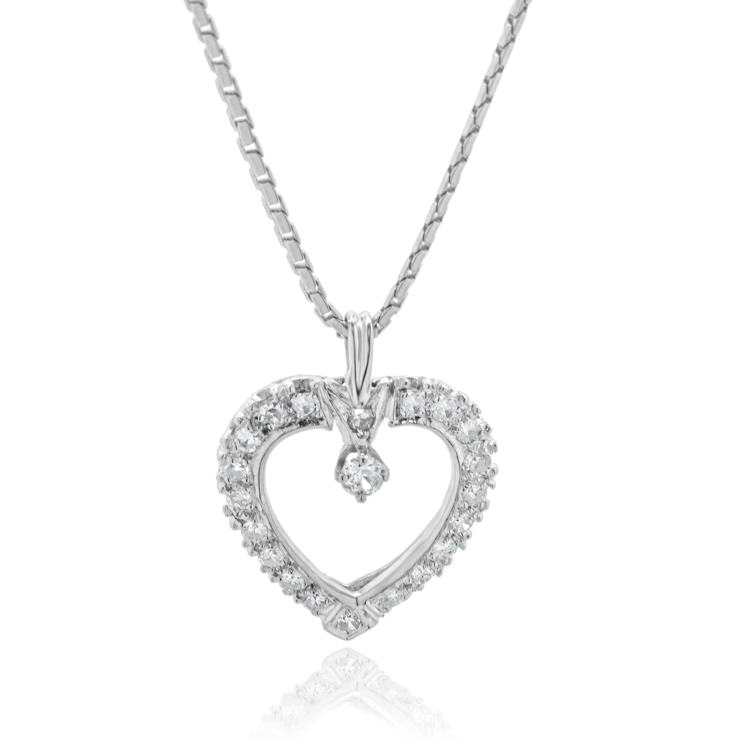 14 Karat White Gold Diamond Open Heart Necklace