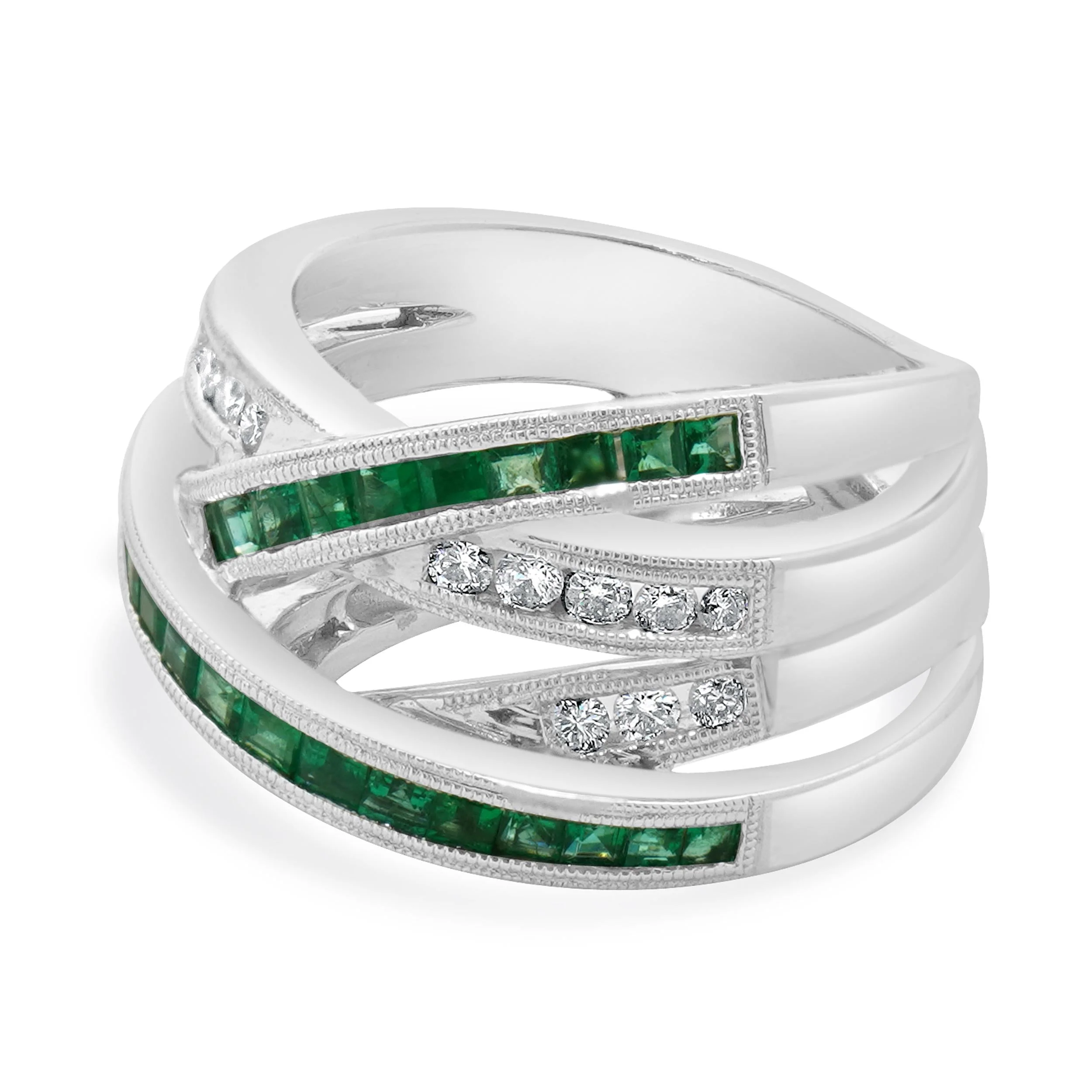 14 Karat White Gold Emerald and Diamond Double Bypass Ring - Image 2