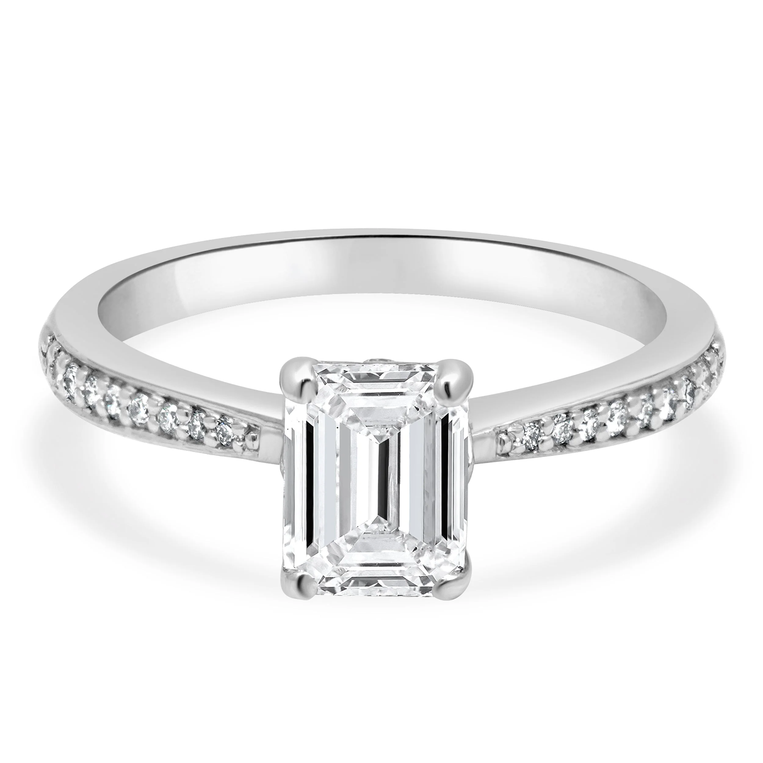 14 Karat White Gold GIA Certified 1.50ct Emerald Cut and Round Diamond Engagement Ring