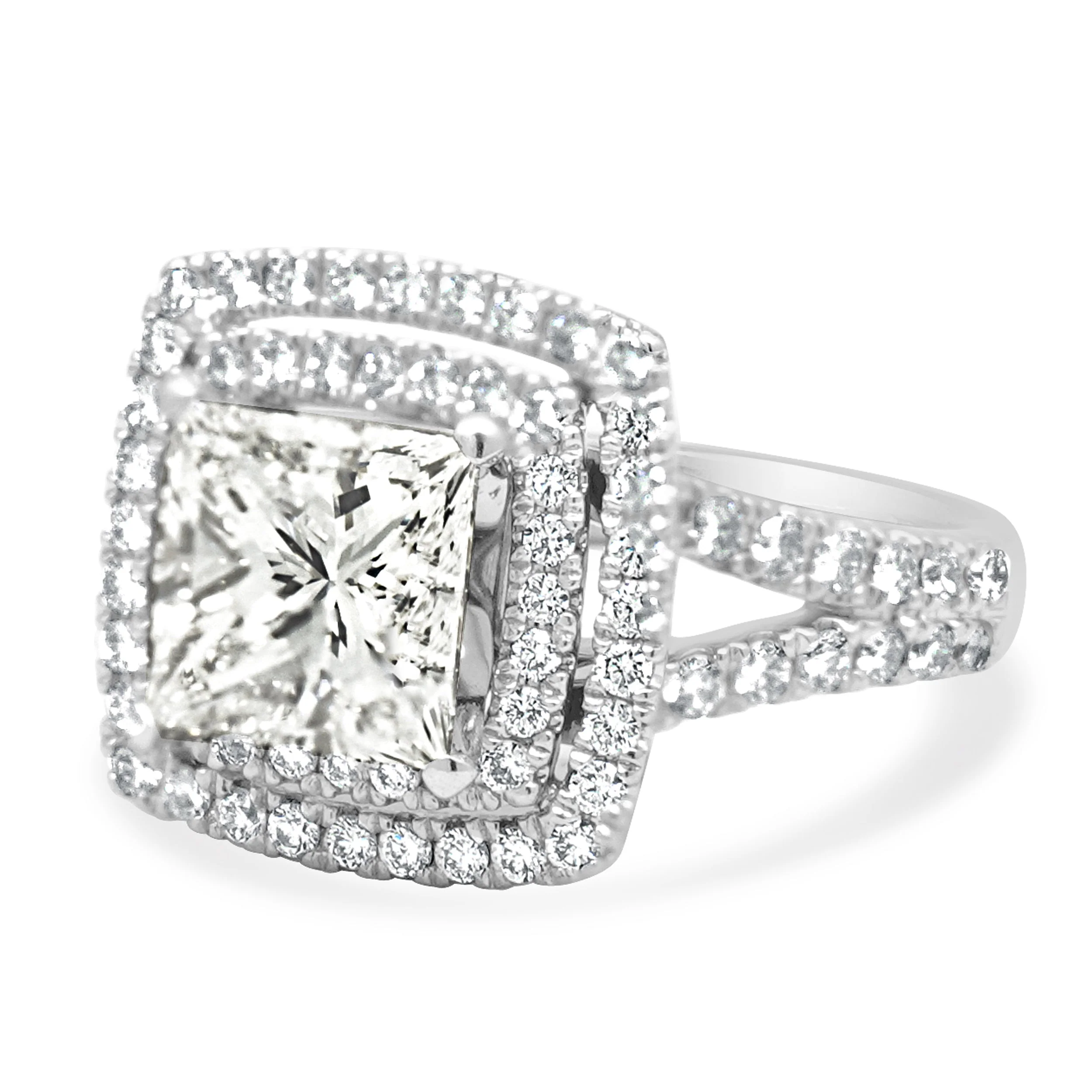 14 Karat White Gold GIA Certified Princess Cut and Round Diamond Double Halo Engagement Ring - Image 2