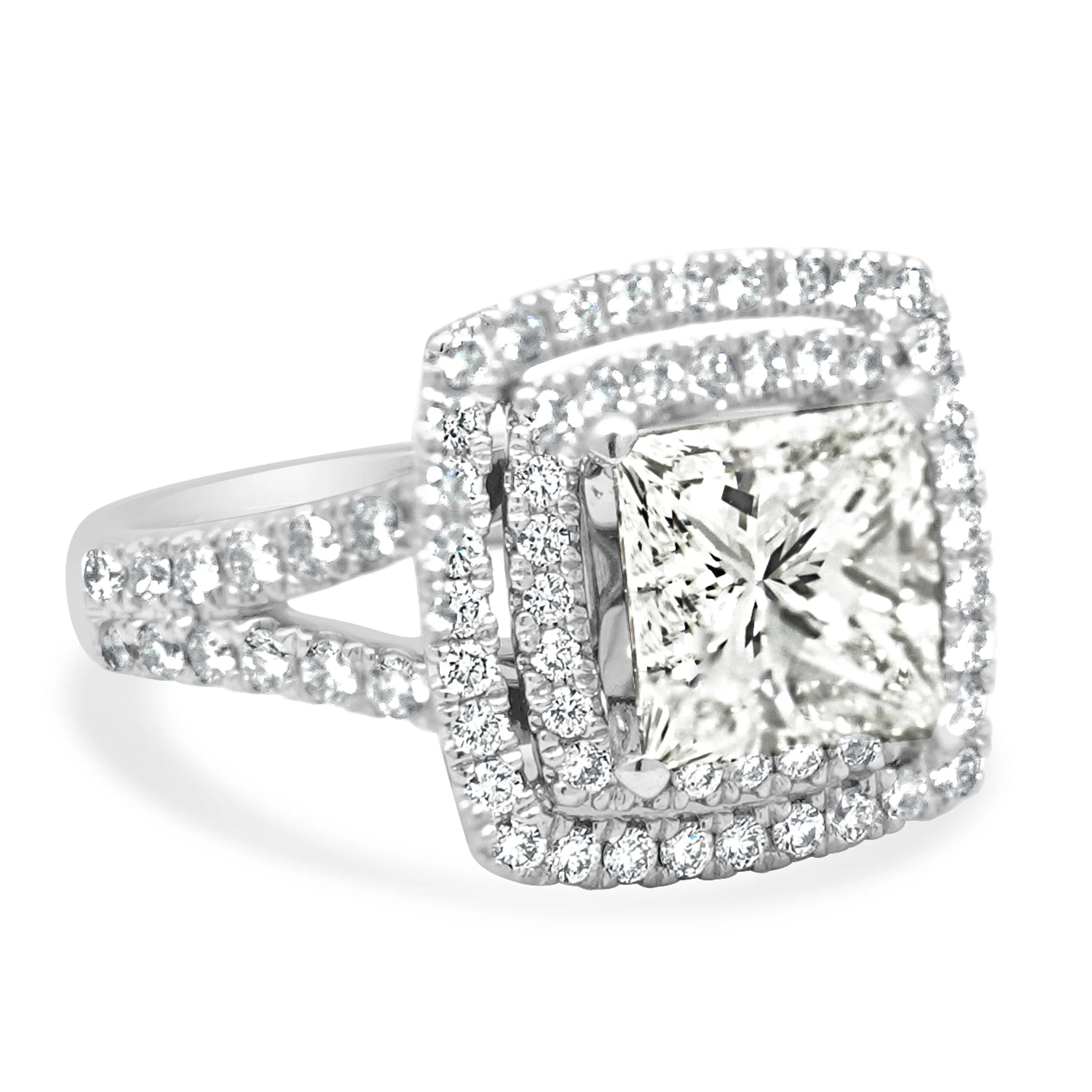 14 Karat White Gold GIA Certified Princess Cut and Round Diamond Double Halo Engagement Ring - Image 3