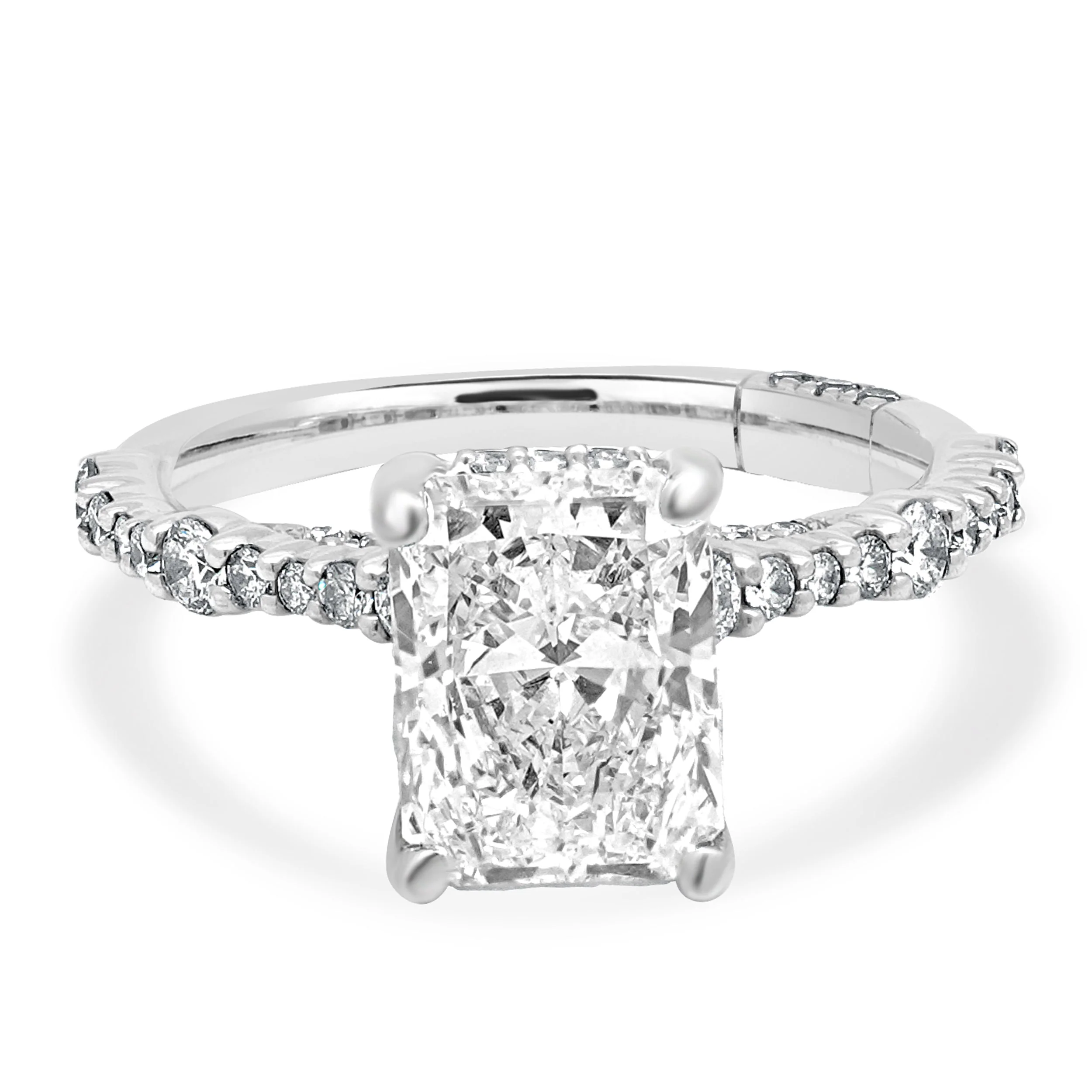 14 Karat White Gold GIA Certified Radiant Cut and Round Diamond Hidden Halo Engagement Ring