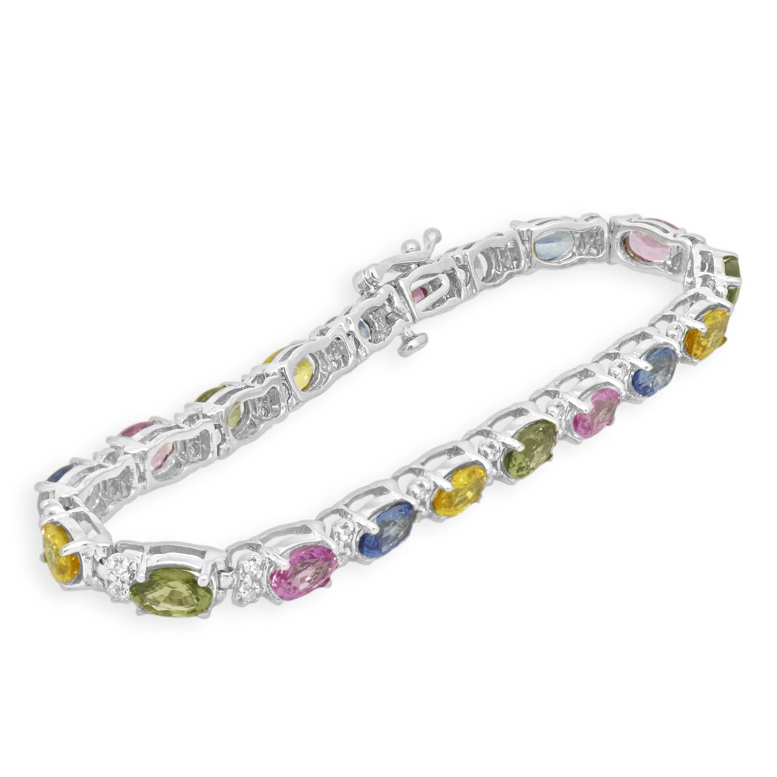 14 Karat White Gold Oval Cut Rainbow Sapphire and Round Diamond Inline Bracelet 6.5" - Image 2