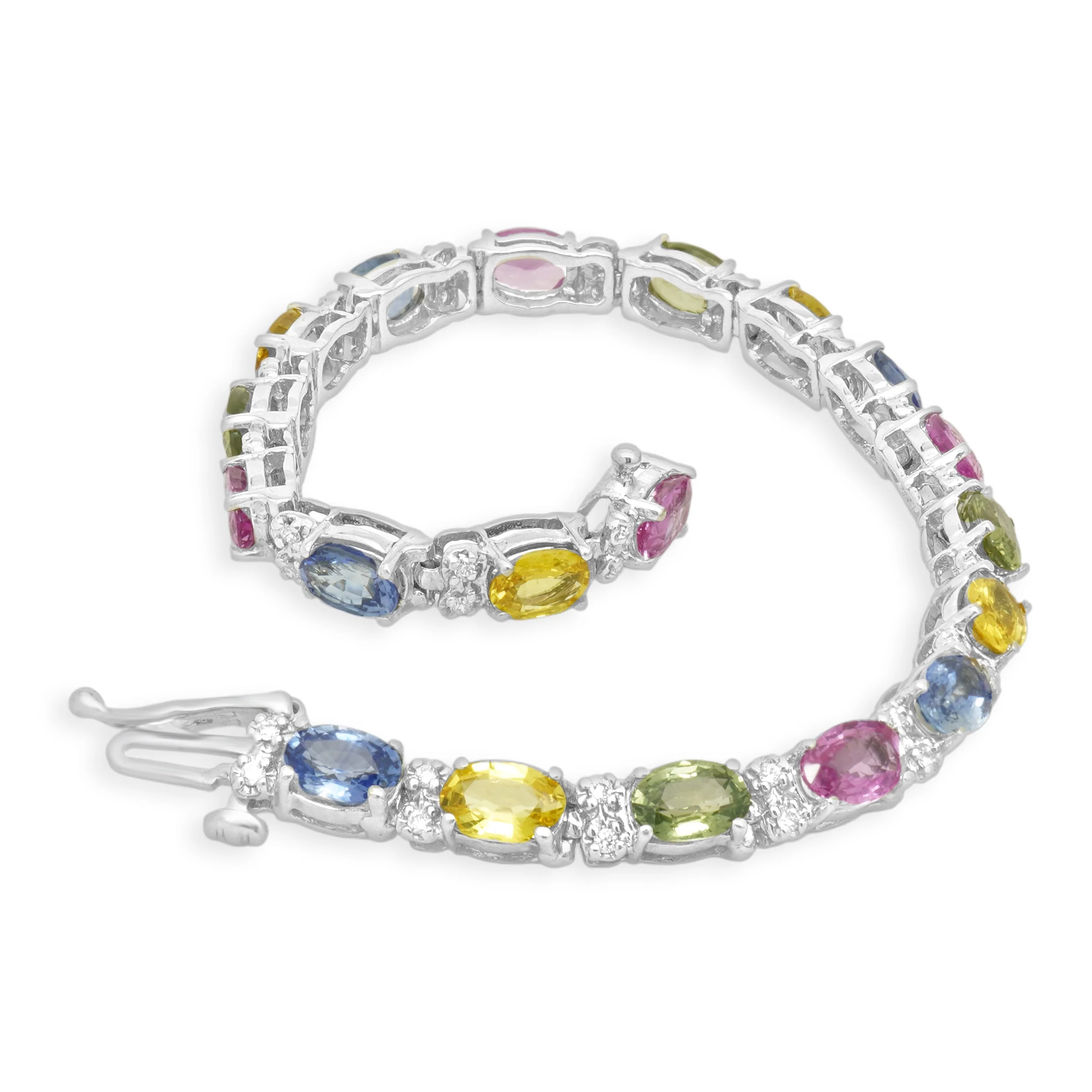 14 Karat White Gold Oval Cut Rainbow Sapphire and Round Diamond Inline Bracelet 6.5" - Image 4