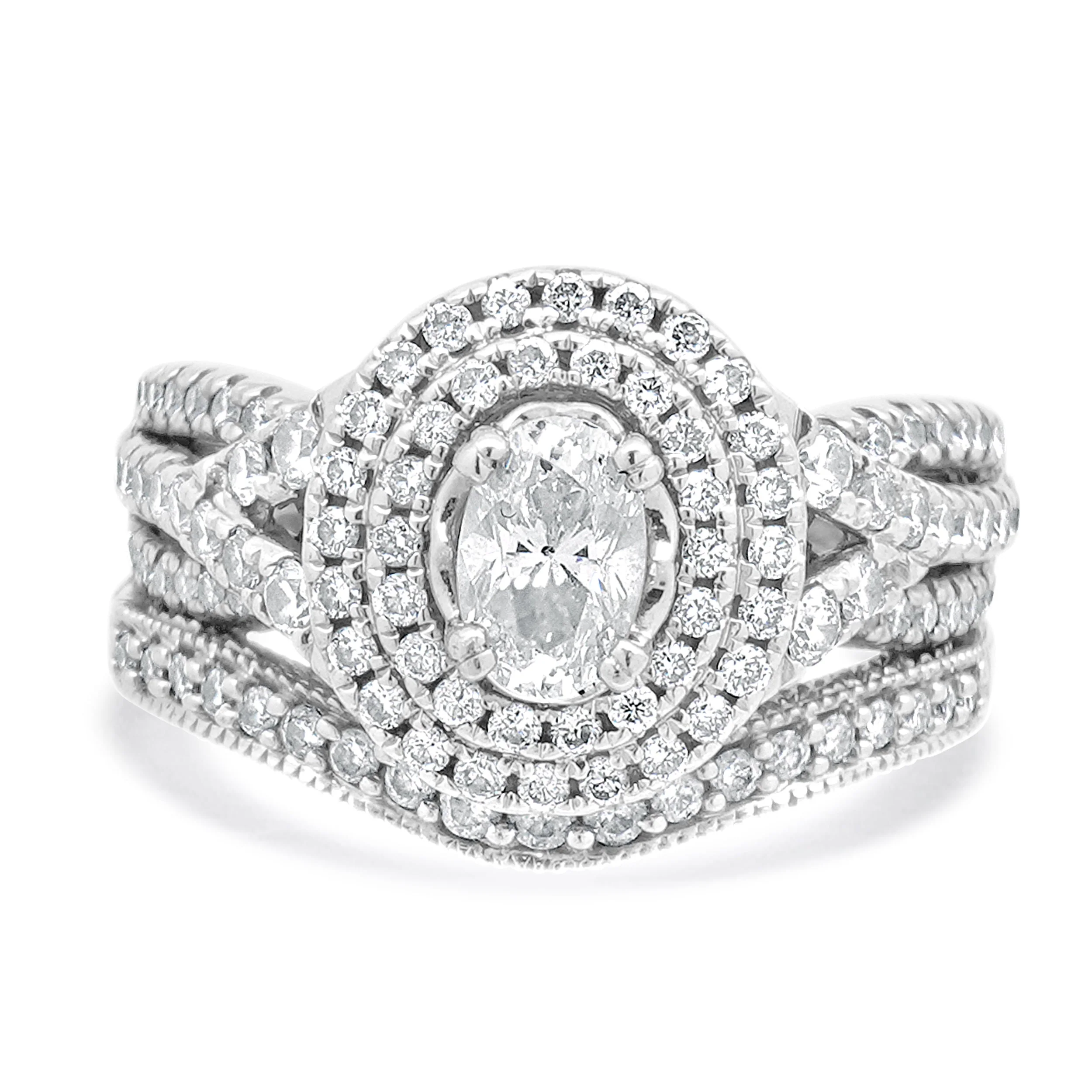 14 Karat White Gold Oval Diamond Double Halo w/Milgrain Wedding Set