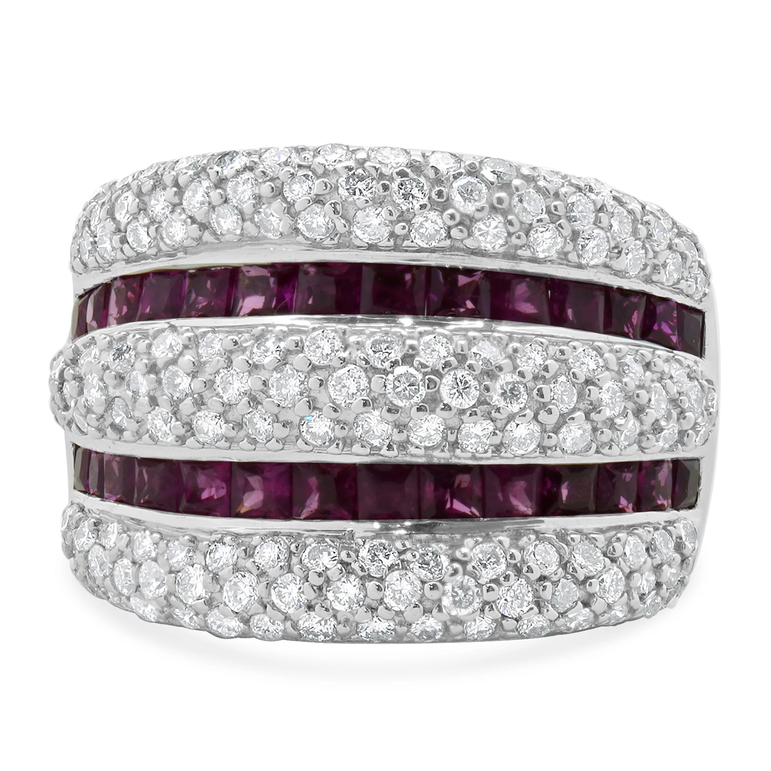 14 Karat White Gold Pave Diamond and Ruby Five Row Cigar Band