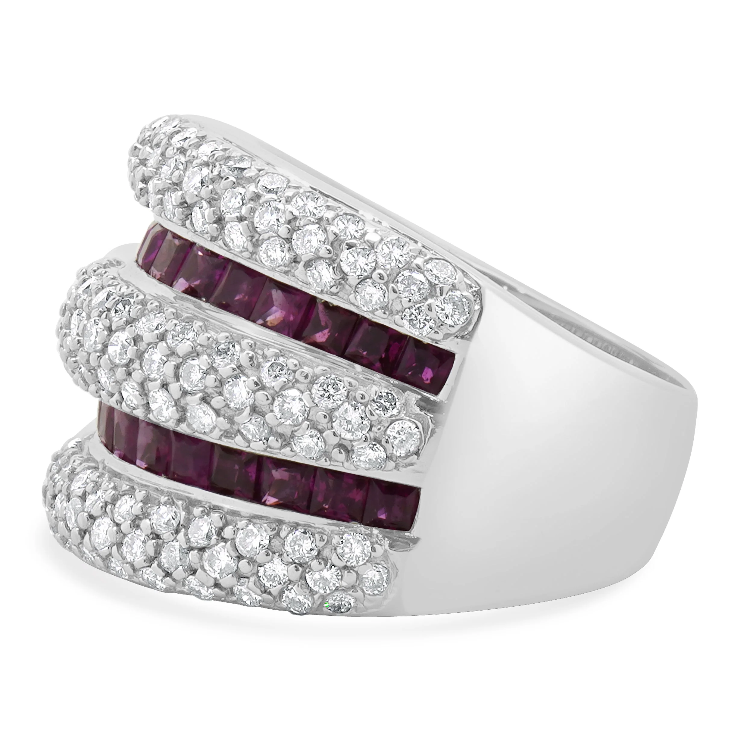 14 Karat White Gold Pave Diamond and Ruby Five Row Cigar Band - Image 2