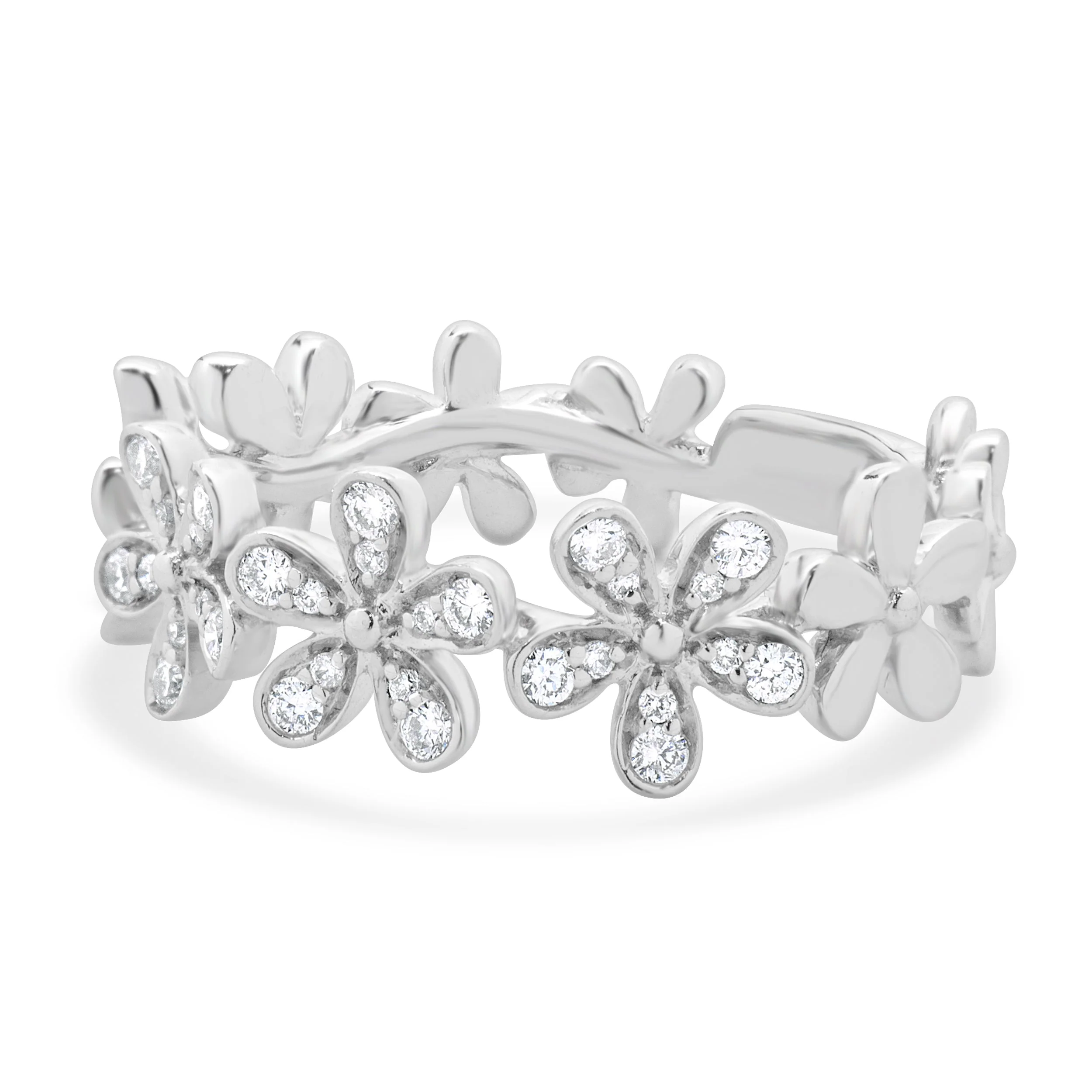 14 Karat White Gold Pave Diamond Flower Station Band - Image 2