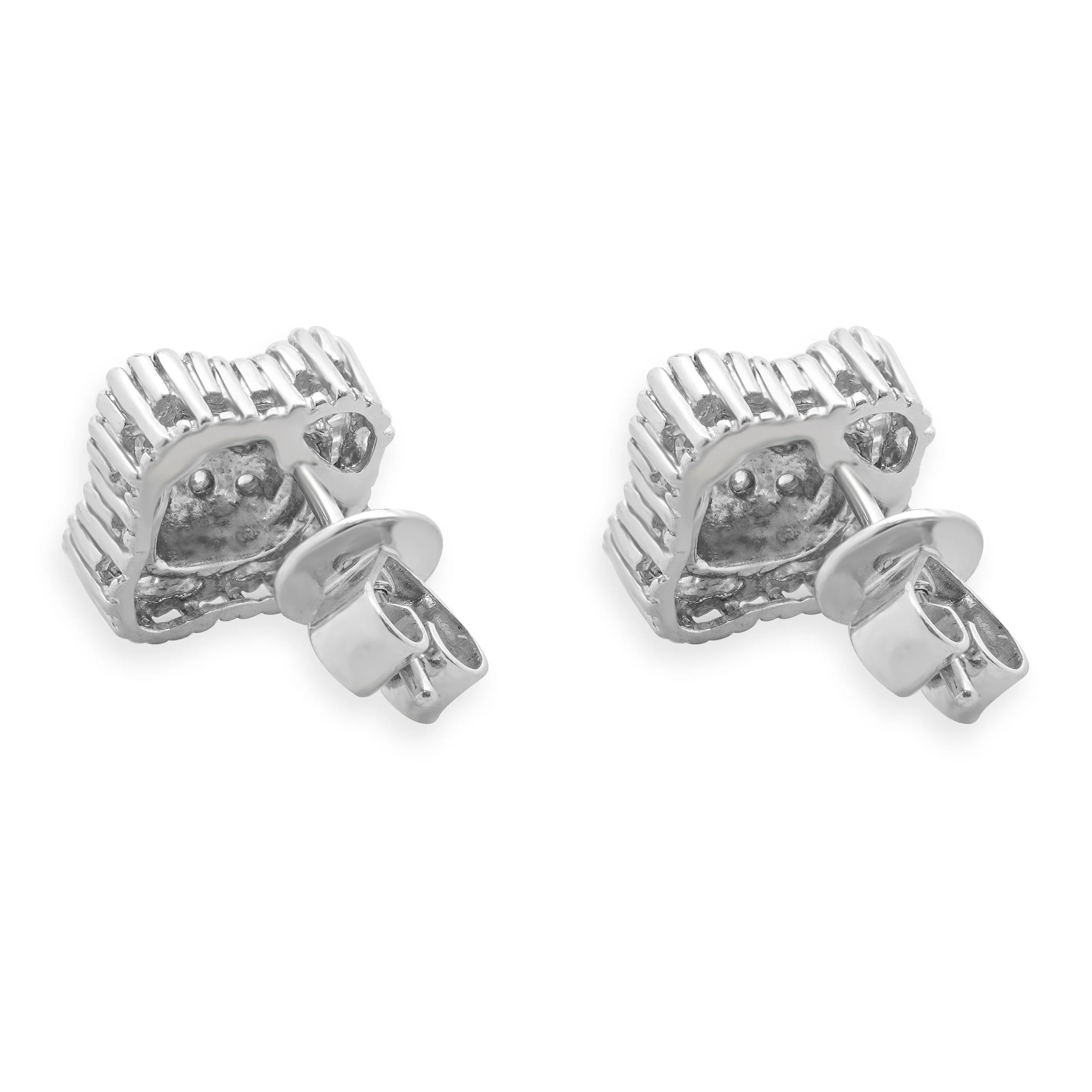 14 Karat White Gold Round and Baguette Cut Diamond Cluster Stud Earrings - Image 2
