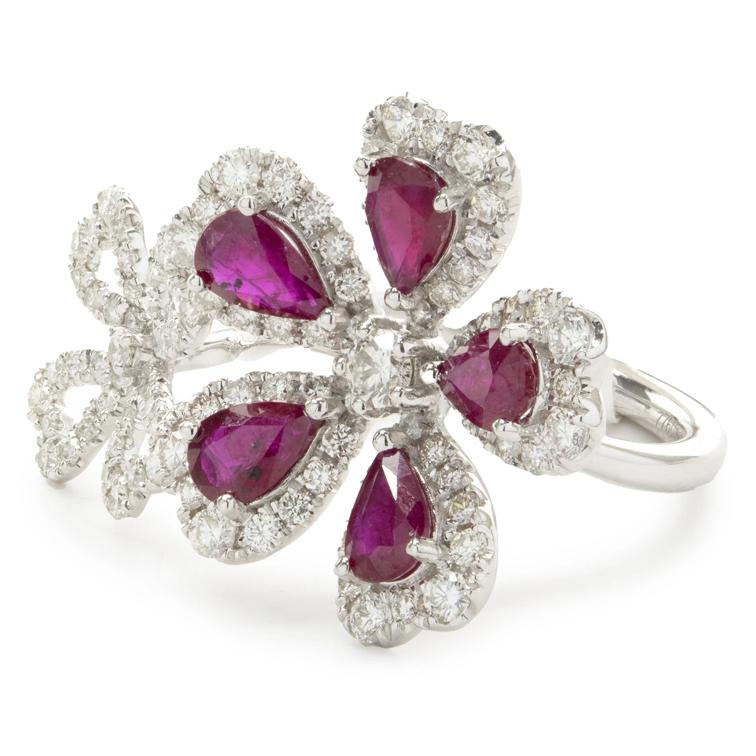 14 Karat White Gold Ruby and Diamond Double Flower Ring - Image 3