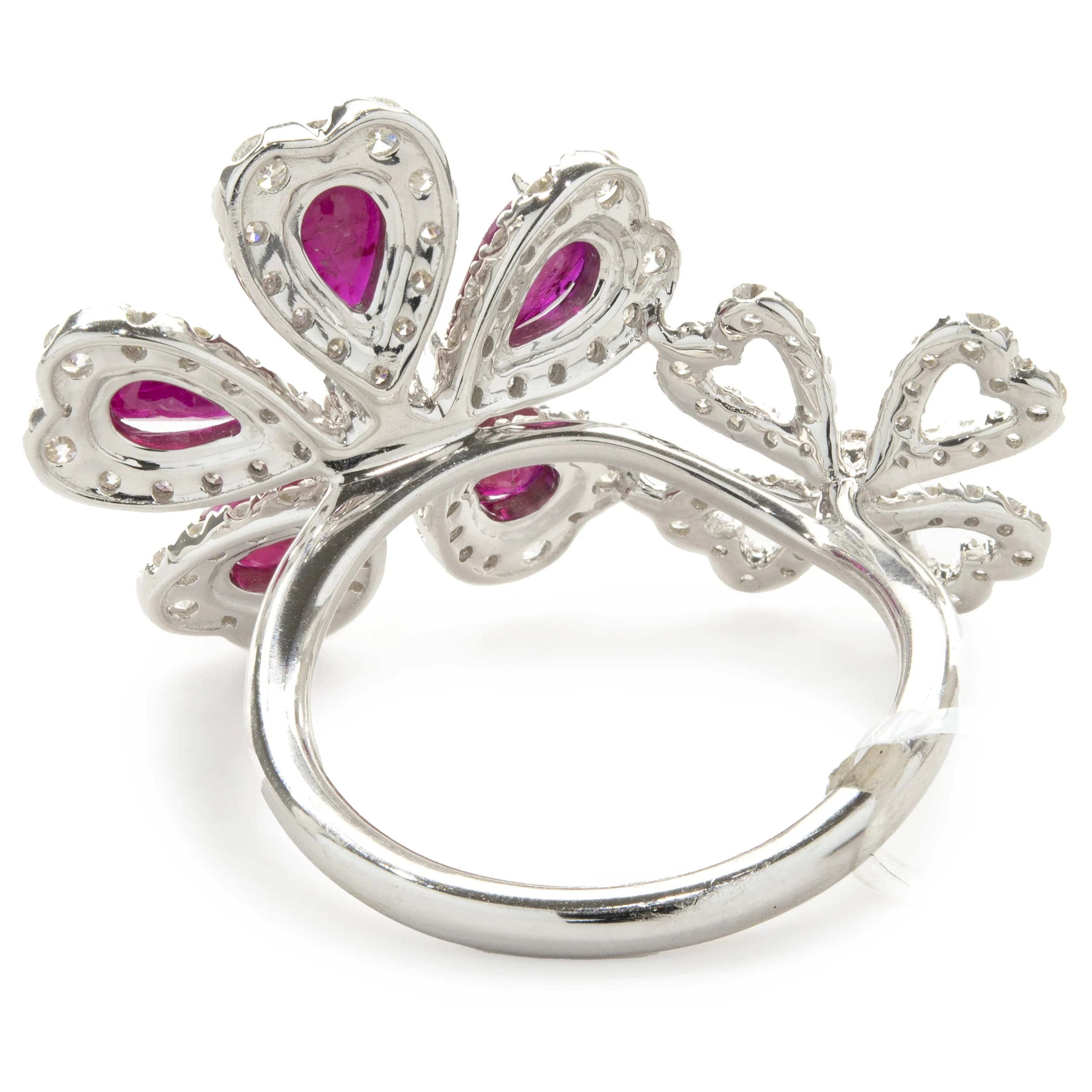 14 Karat White Gold Ruby and Diamond Double Flower Ring - Image 4