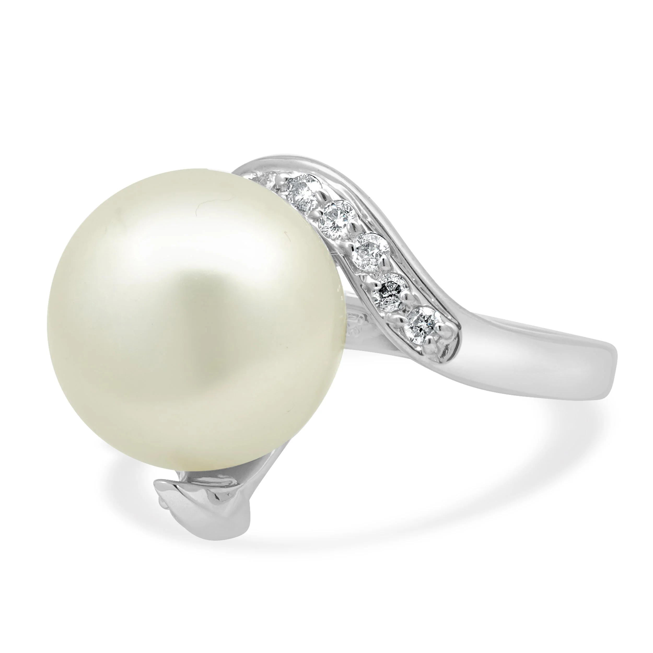 14 Karat White Gold South Sea Pearl and Round Diamond Bypass Ring - Image 2