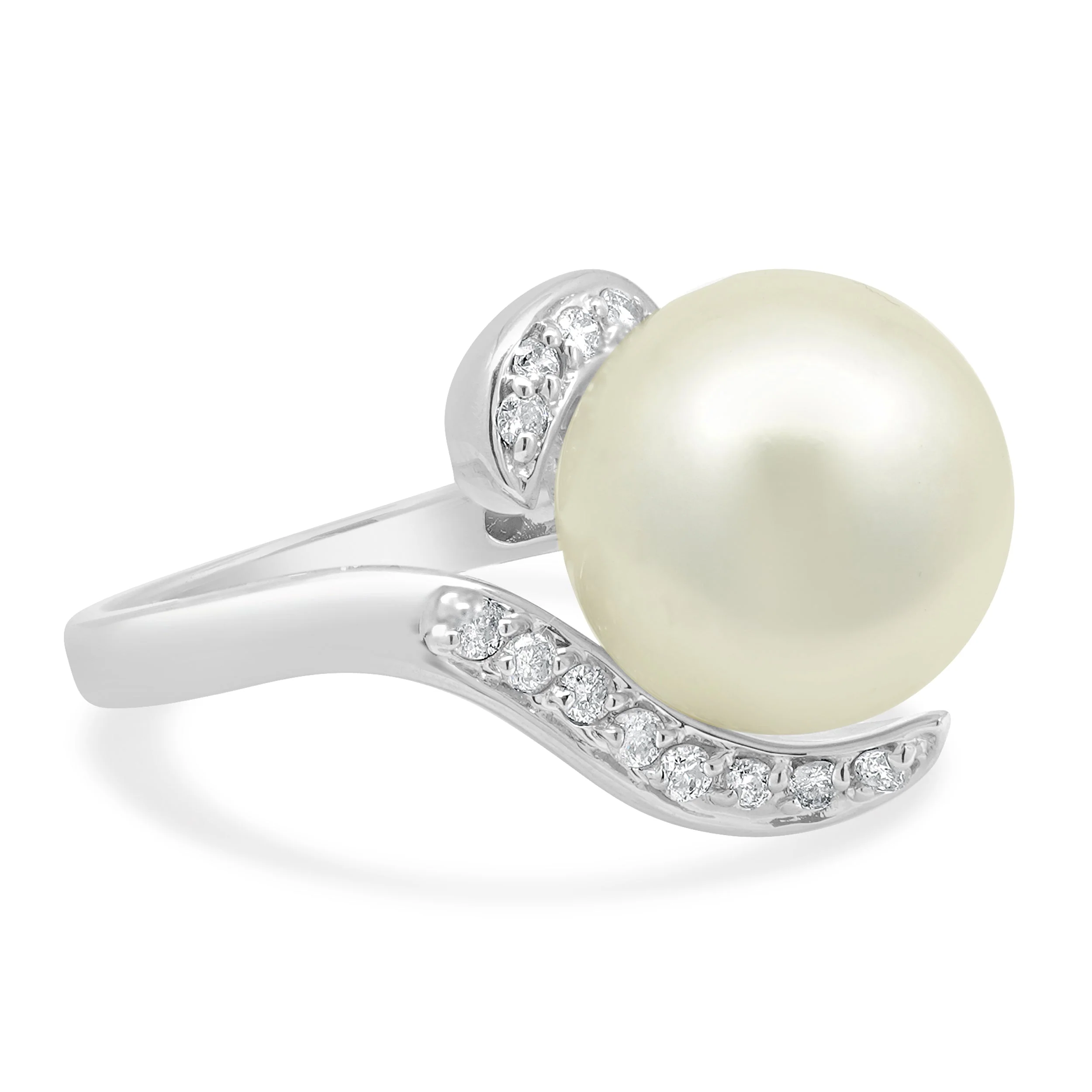 14 Karat White Gold South Sea Pearl and Round Diamond Bypass Ring - Image 3