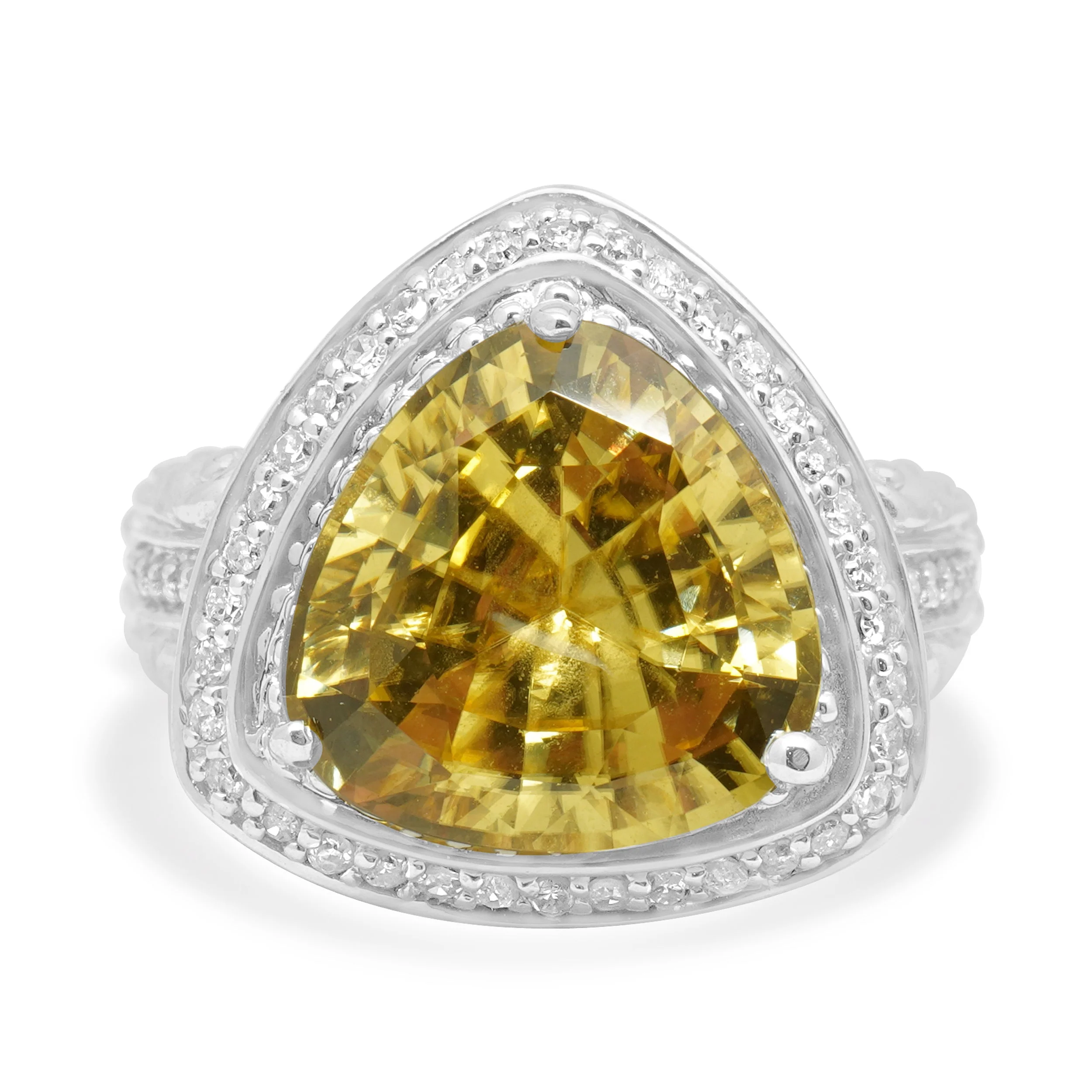 14 Karat White Gold Trillion Cut Sphene and Single Cut Diamond Halo Euro Shank Ring