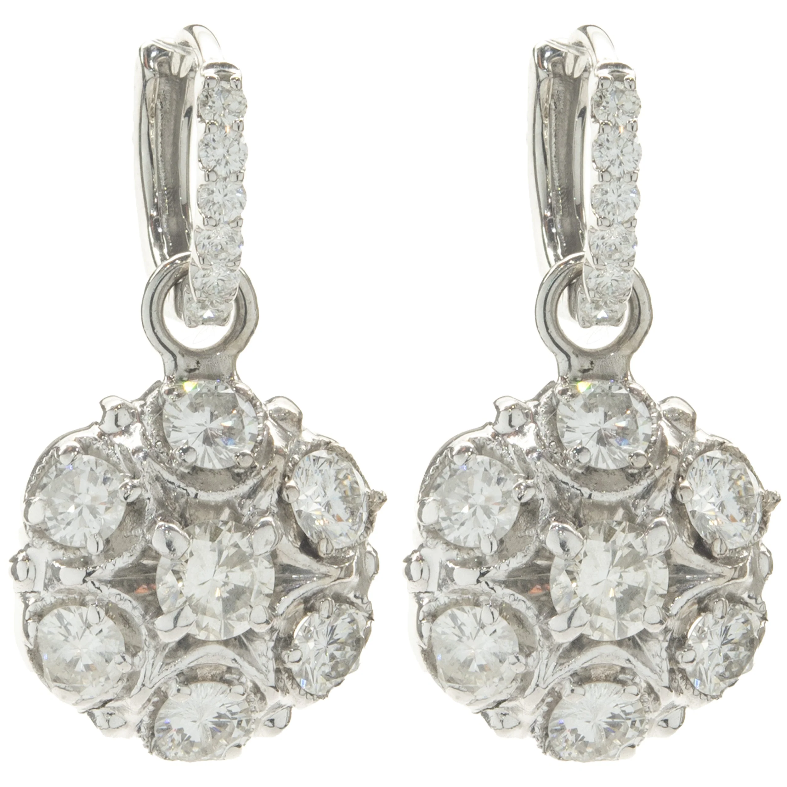 14 Karat White Gold Vintage Diamond Cluster Drop Earrings
