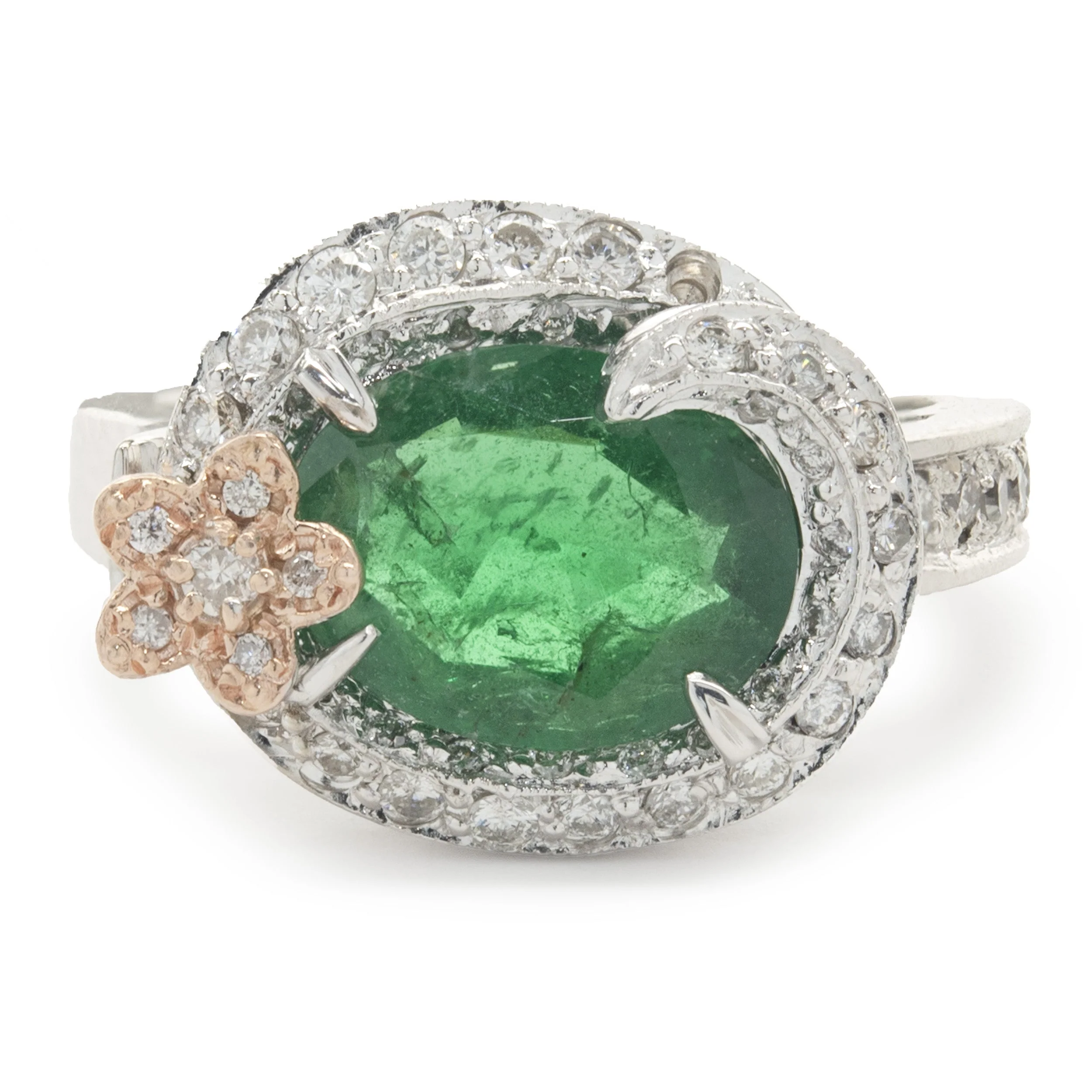 14 Karat White & Rose Gold Emerald and Diamond Flower Wrap Ring