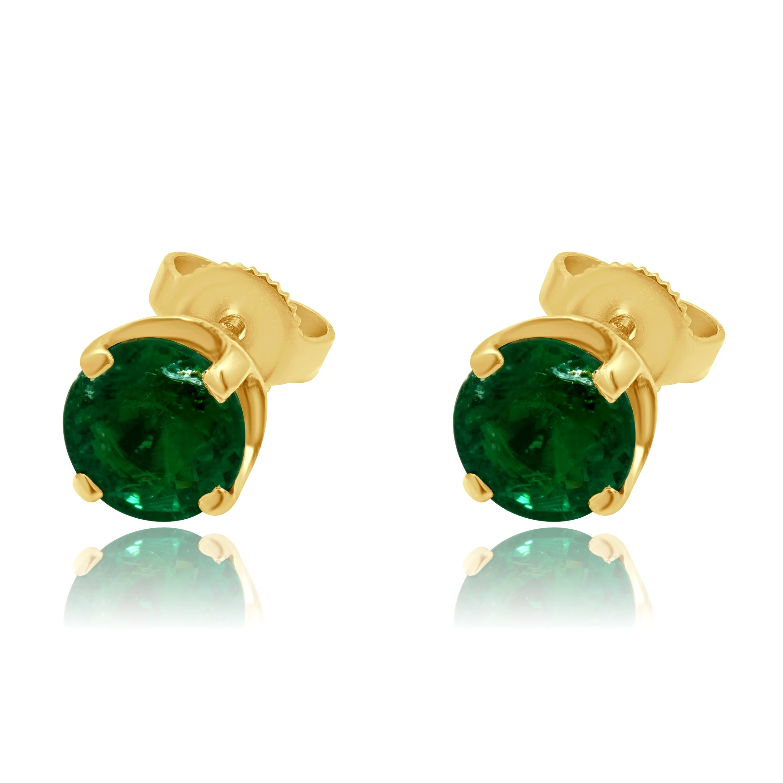 14 Karat Yellow Gold 4-Prong Set Round Cut Emerald Stud Earrings