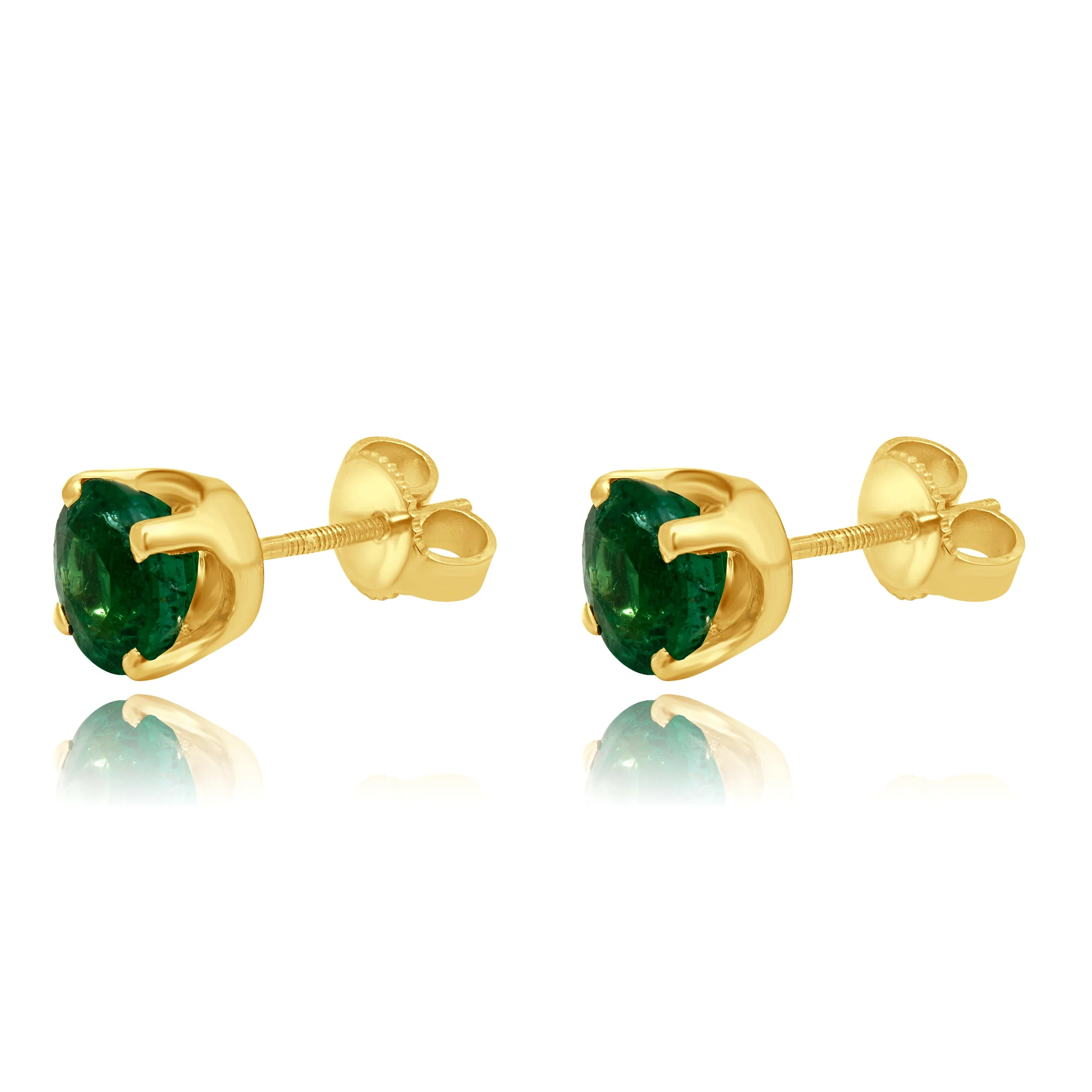14 Karat Yellow Gold 4-Prong Set Round Cut Emerald Stud Earrings - Image 2