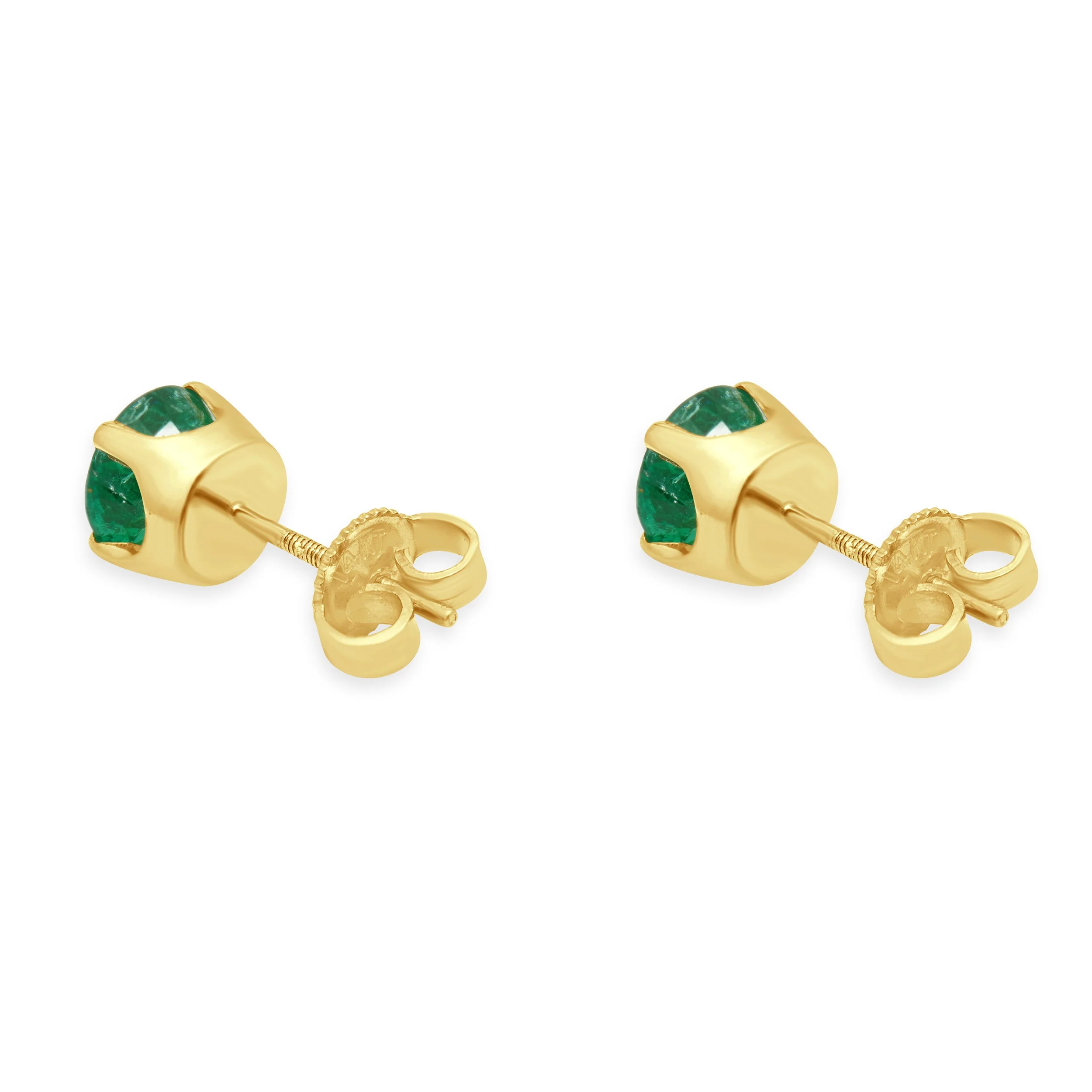 14 Karat Yellow Gold 4-Prong Set Round Cut Emerald Stud Earrings - Image 3
