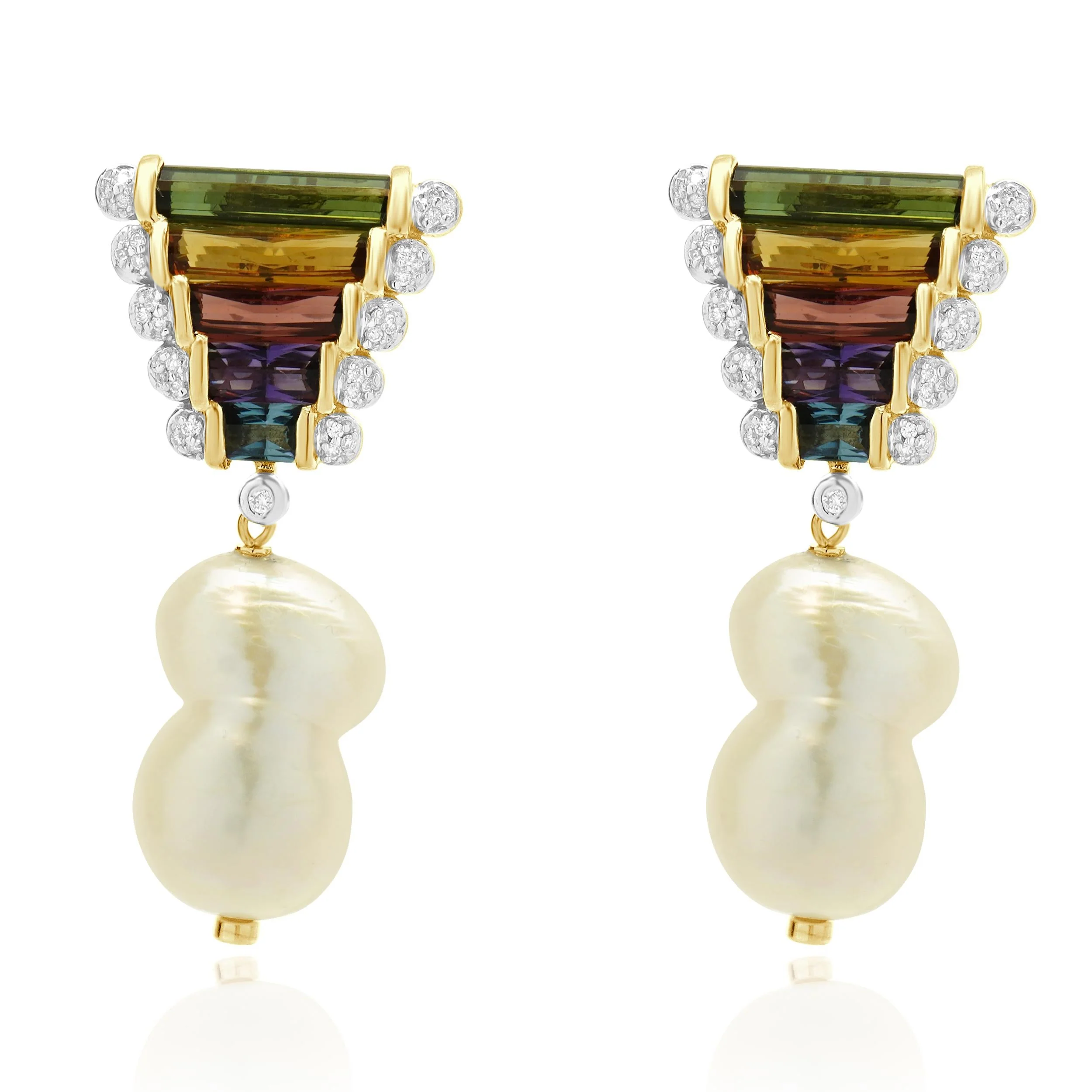 14 Karat Yellow Gold Baroque Pearl, Multi Gemstone and Diamond Drop Earrings