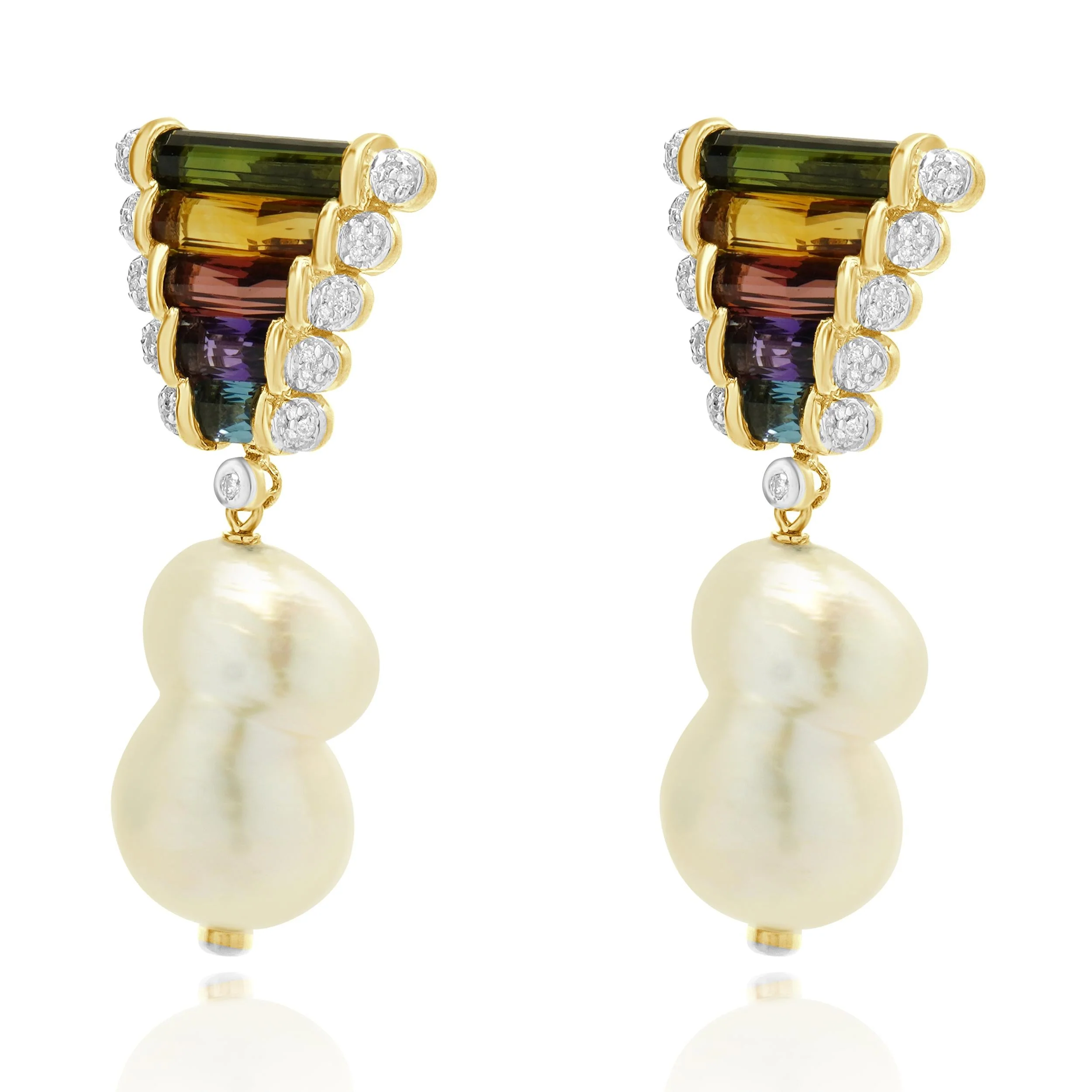 14 Karat Yellow Gold Baroque Pearl, Multi Gemstone and Diamond Drop Earrings - Image 2