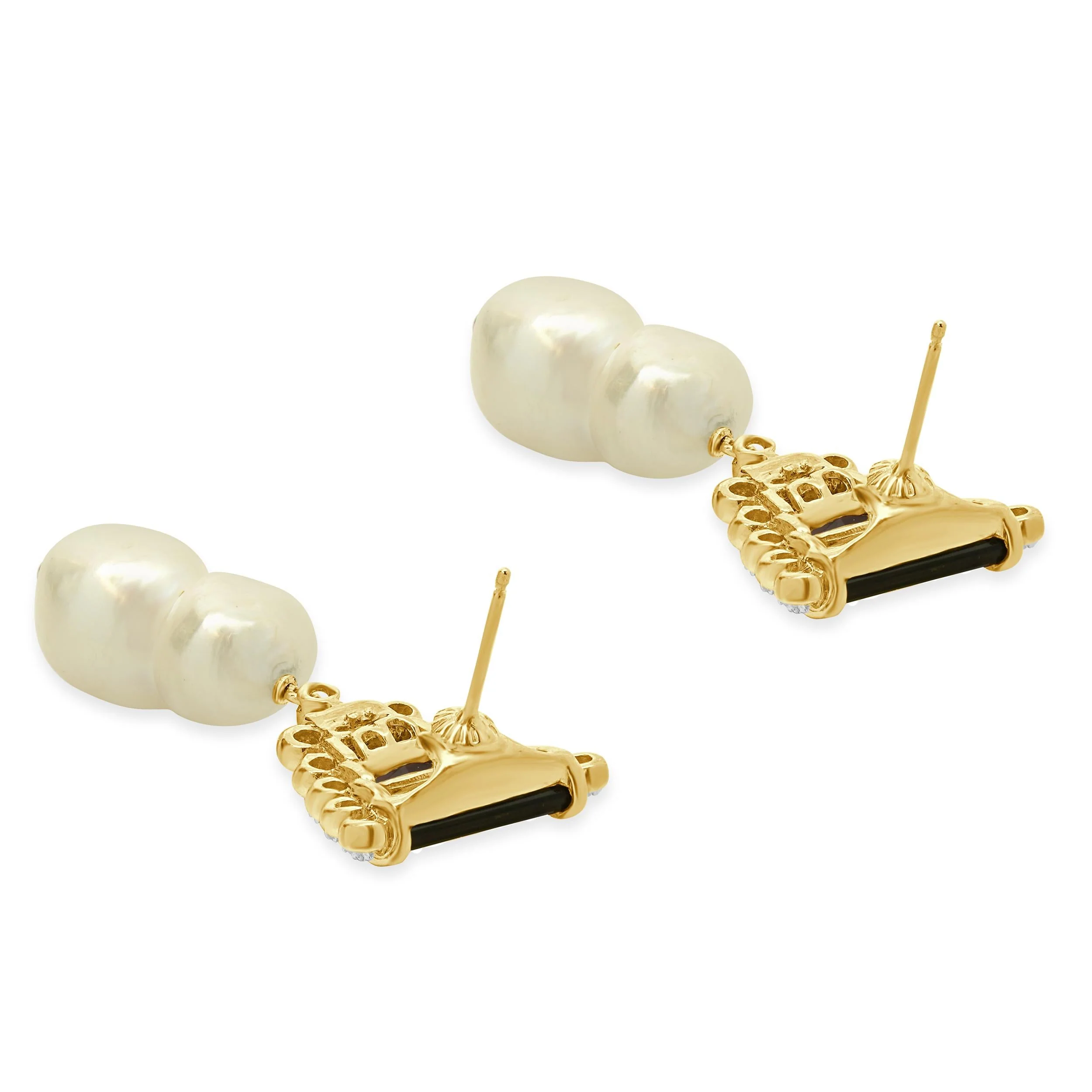14 Karat Yellow Gold Baroque Pearl, Multi Gemstone and Diamond Drop Earrings - Image 4