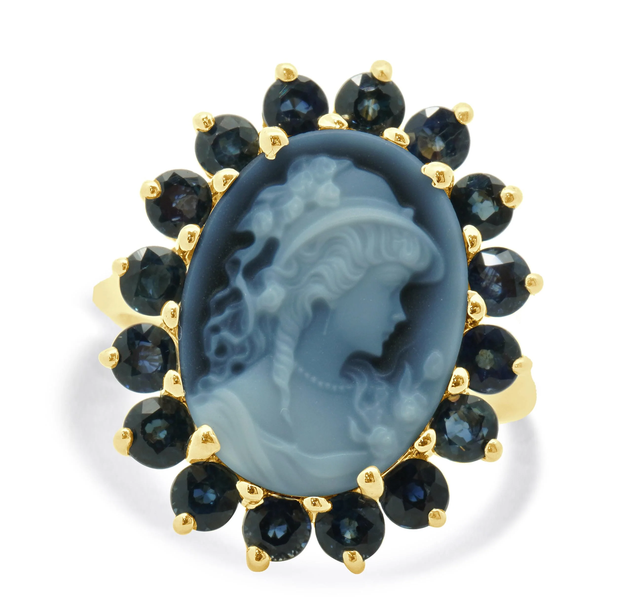 14 Karat Yellow Gold Blue Agate Cameo and Topaz Ring