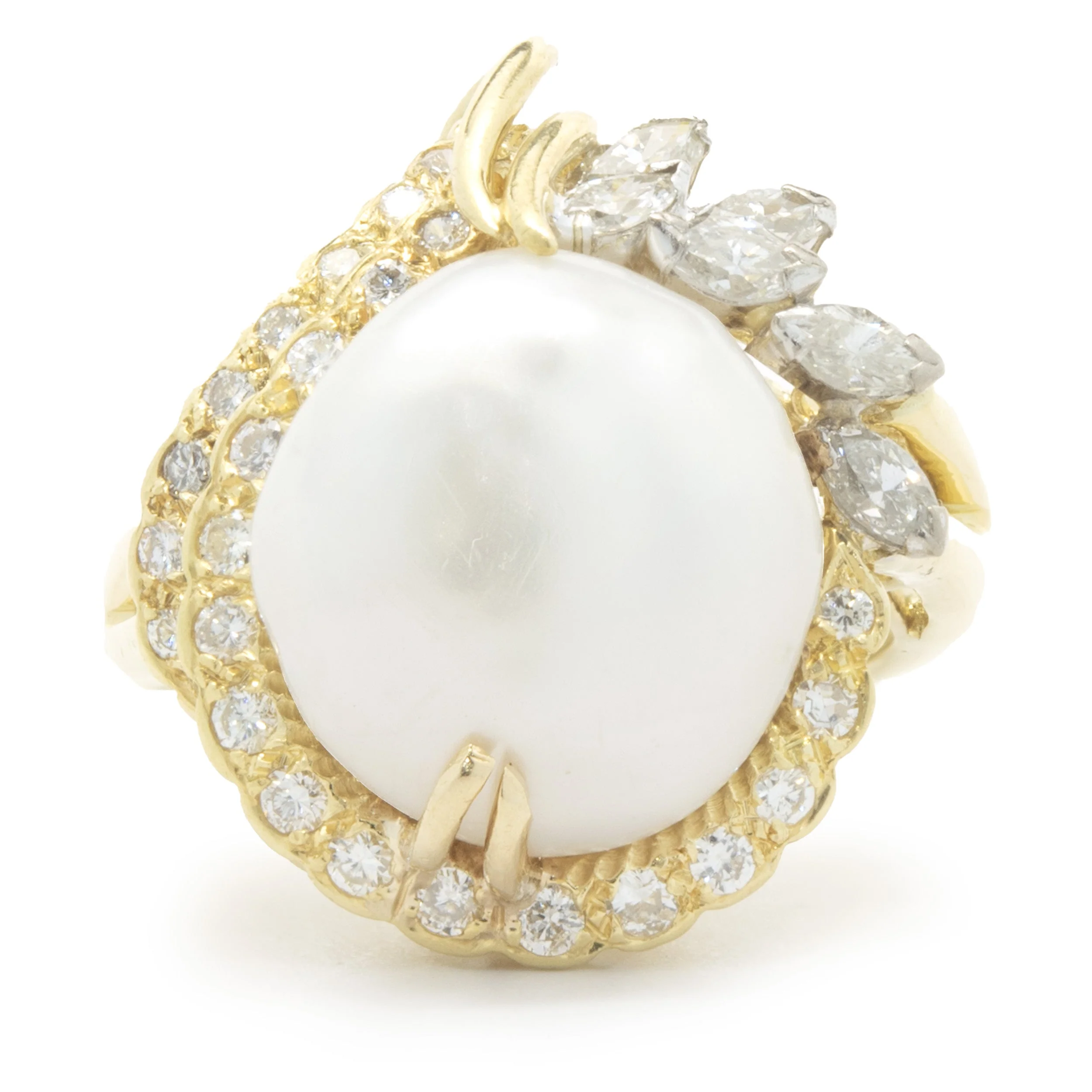 14 Karat Yellow Gold Button Pearl and Diamond Cocktail Ring