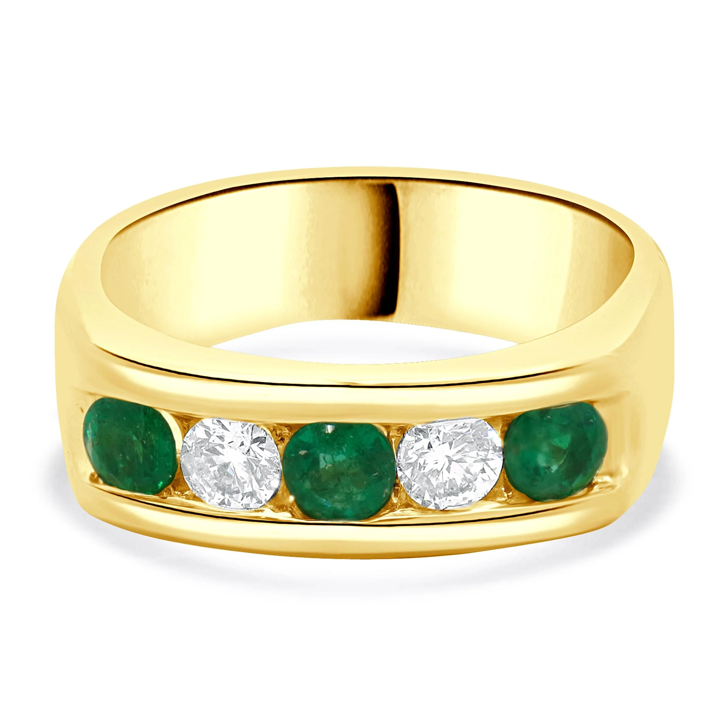 14 Karat Yellow Gold Channel Set Emerald and Diamond Ring