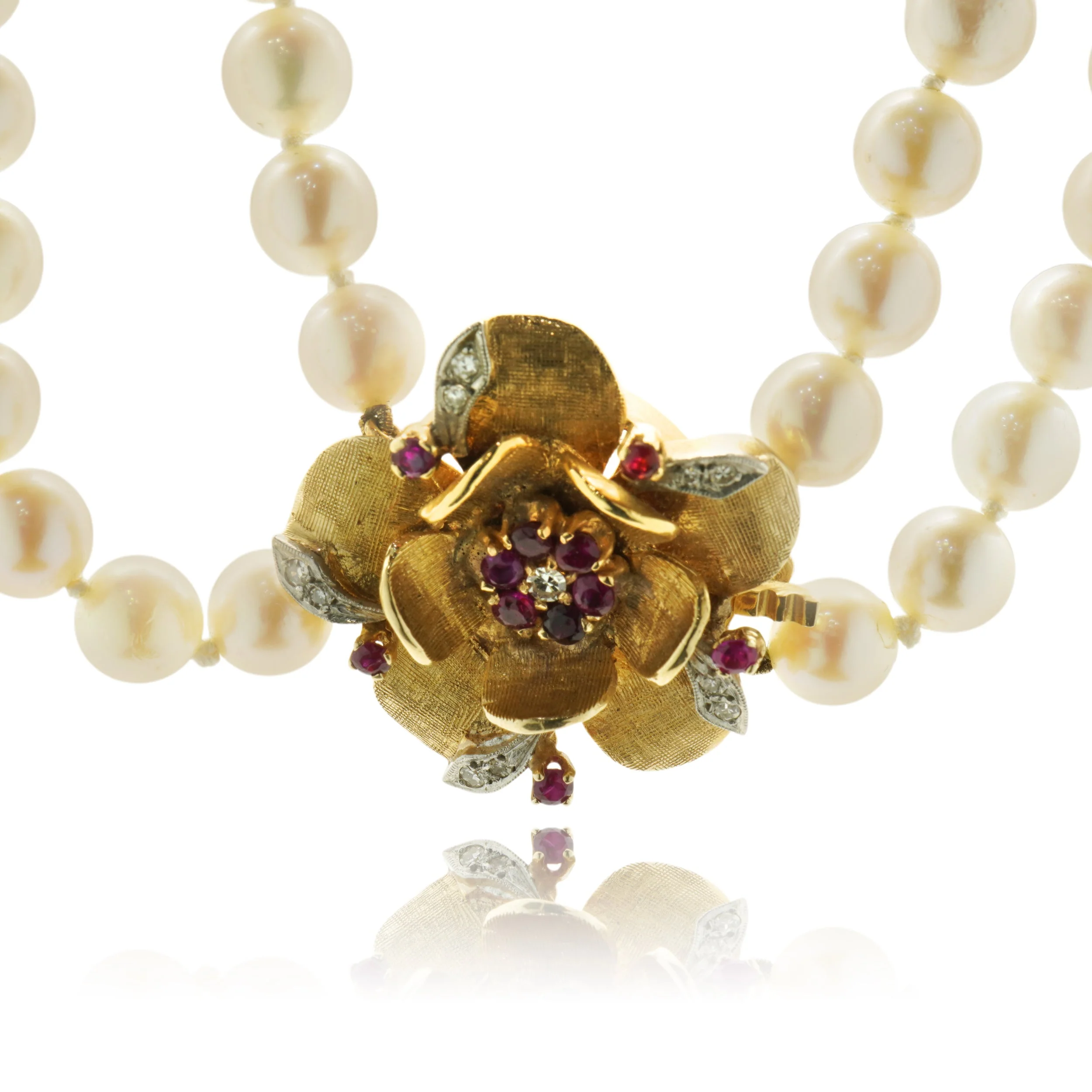 14 Karat Yellow Gold Diamond & Ruby Flower Necklace w/ Double Pearl Strand - Image 2