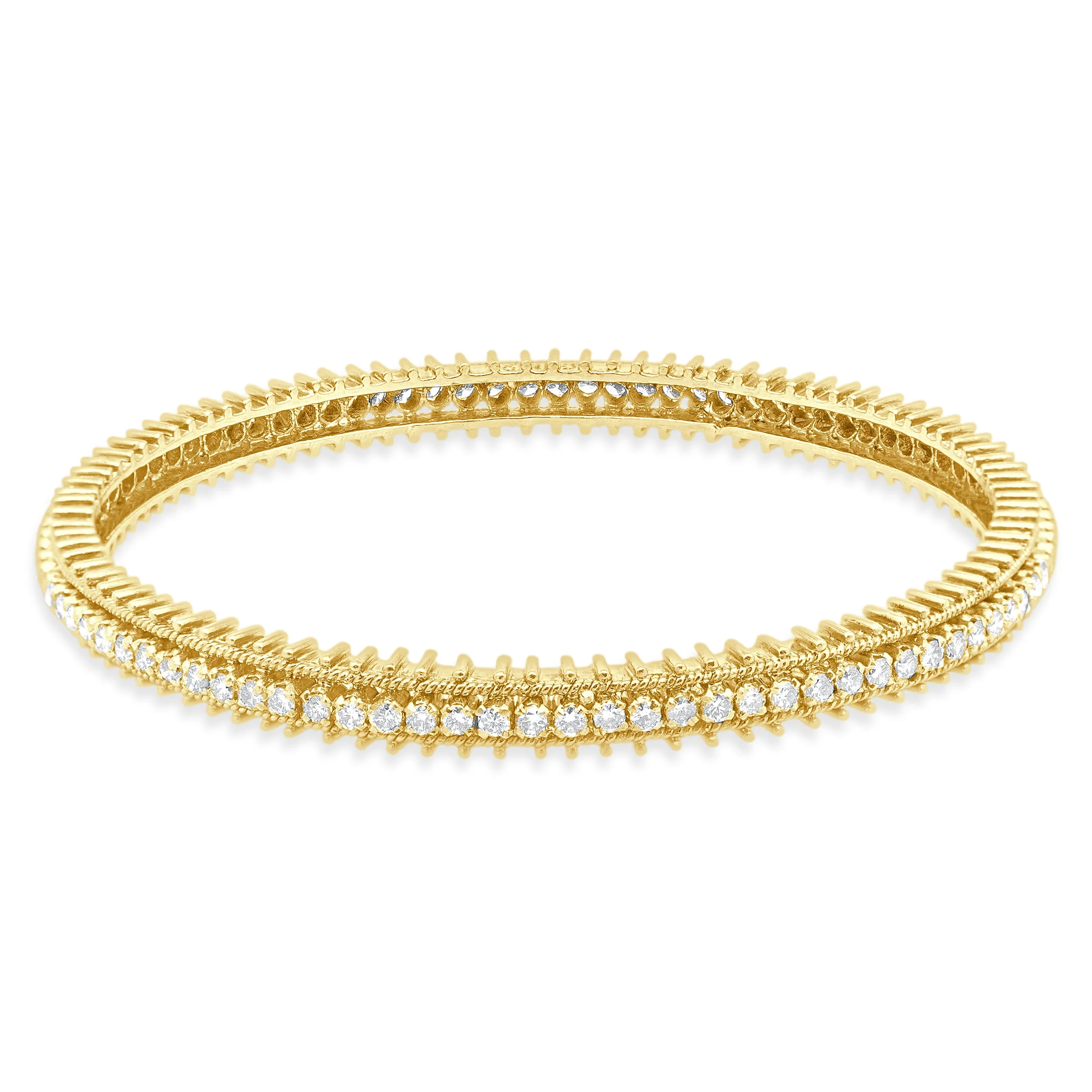 14 Karat Yellow Gold Diamond Textured Bangle