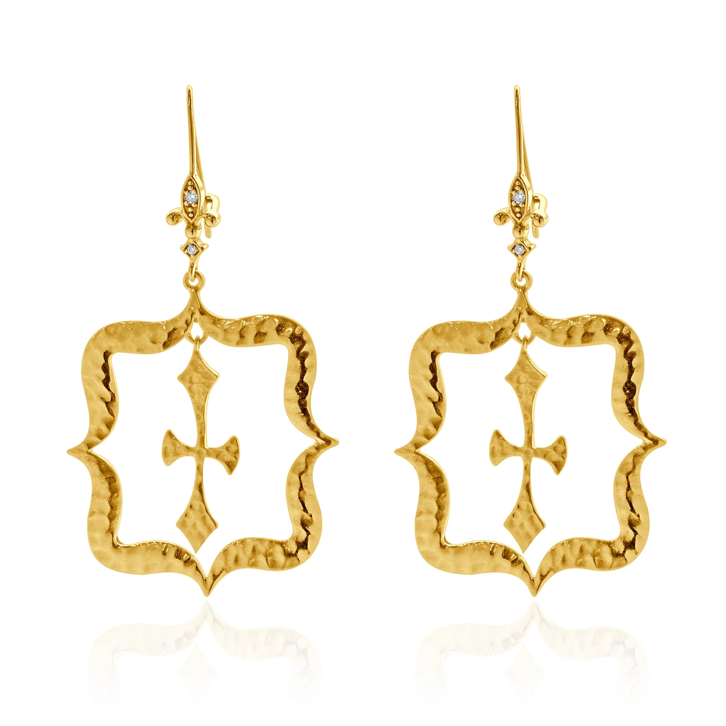 14 Karat Yellow Gold Hammered Fleur de Lis Cross Drop Earrings