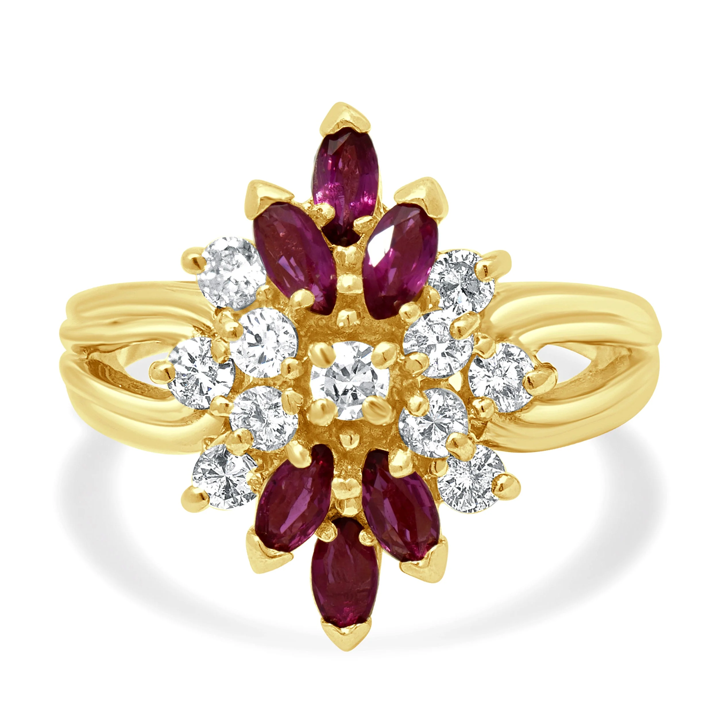 14 Karat Yellow Gold Marquise Ruby and Round Diamond Cluster Ring