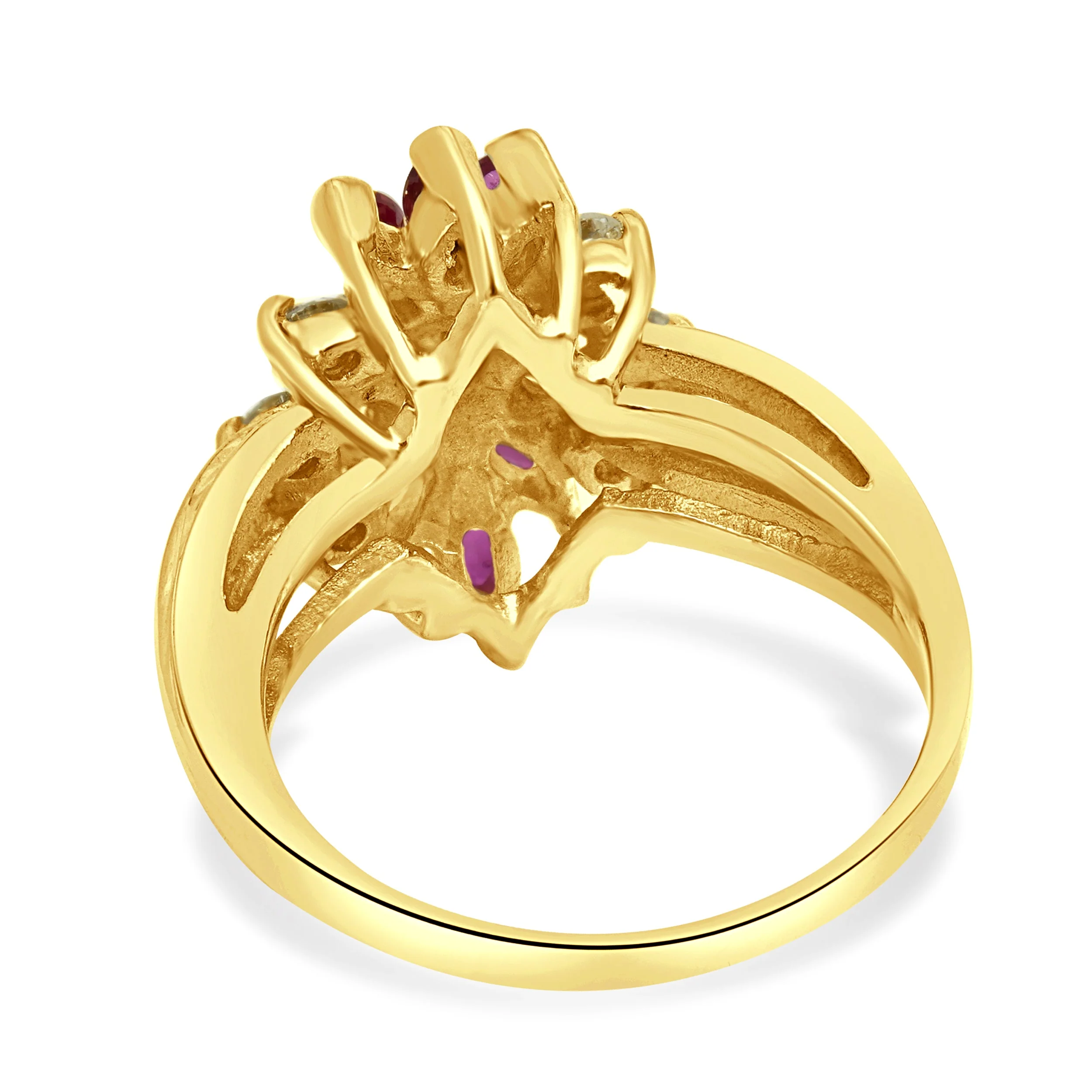 14 Karat Yellow Gold Marquise Ruby and Round Diamond Cluster Ring - Image 4