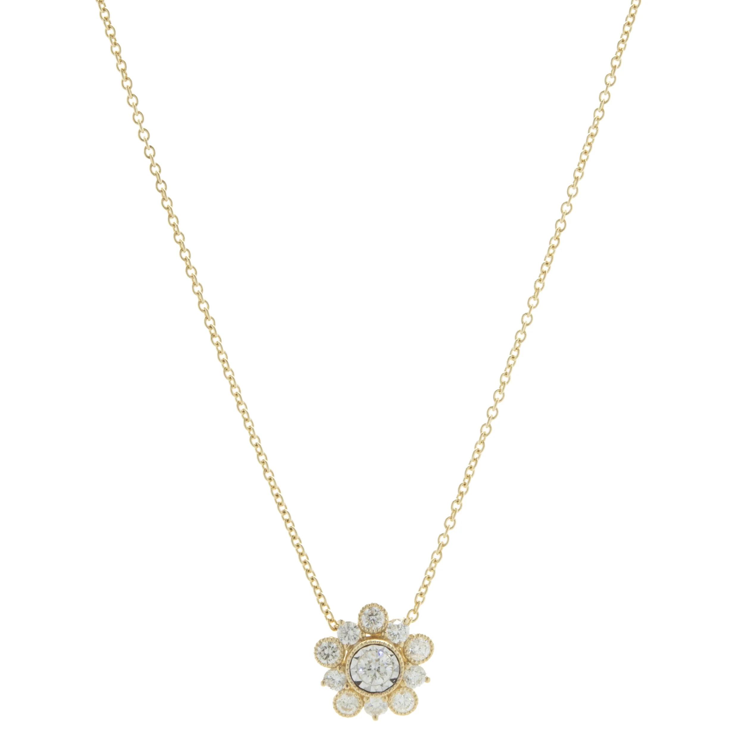 14 Karat Yellow Gold Miracle Set Diamond Flower Necklace