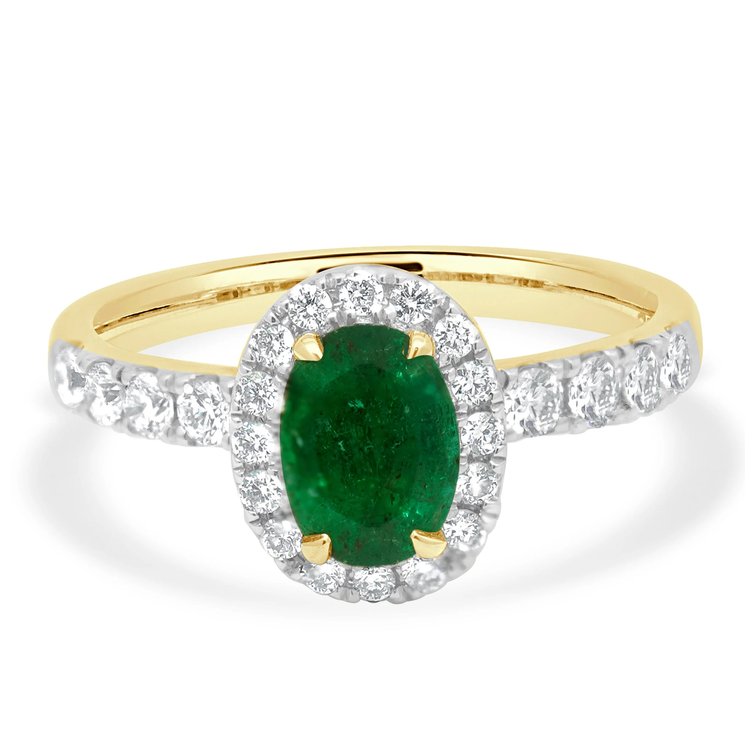 14 Karat Yellow Gold Oval Cut Emerald and Round Diamond Halo Ring