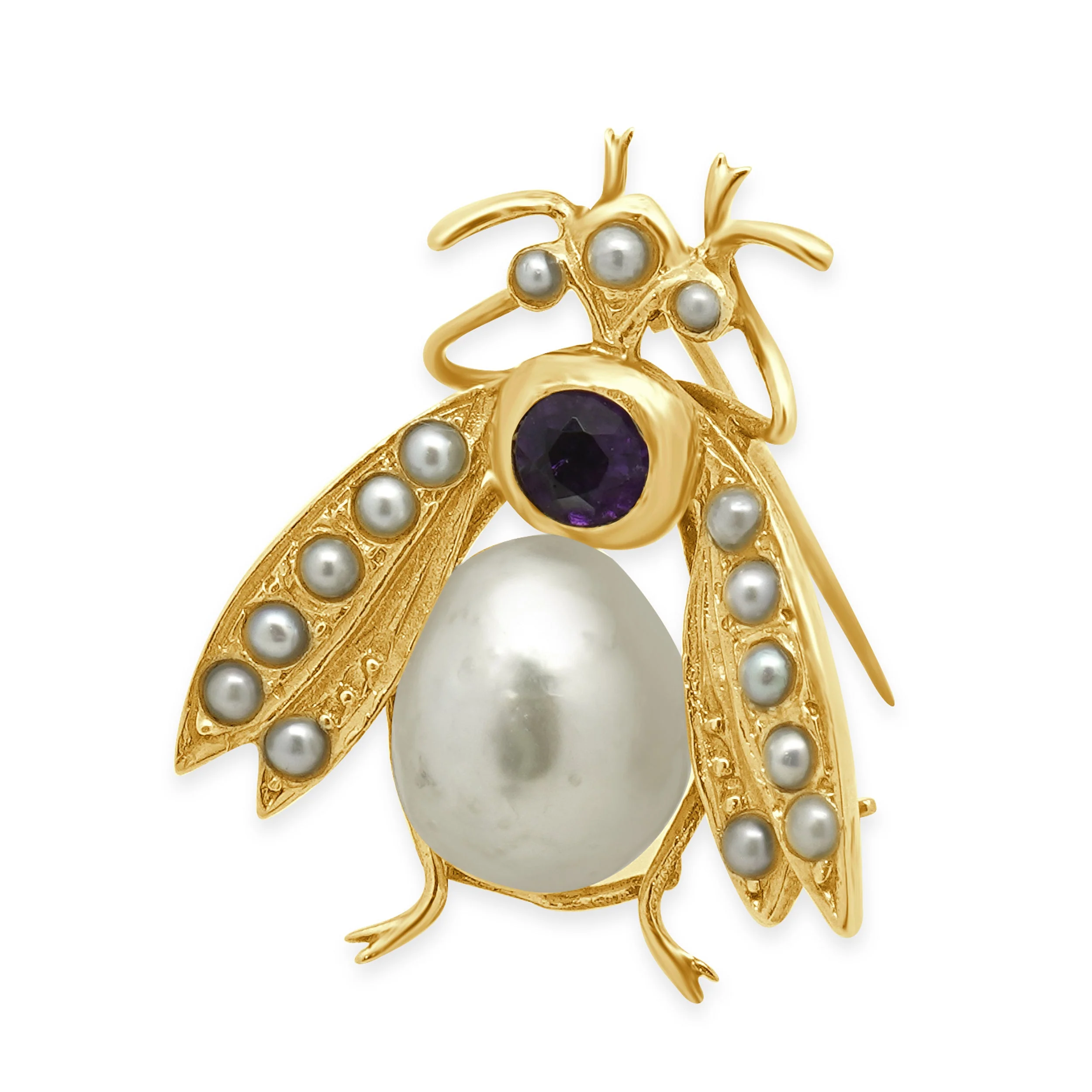 14 Karat Yellow Gold Pearl and Amethyst Bug Pin